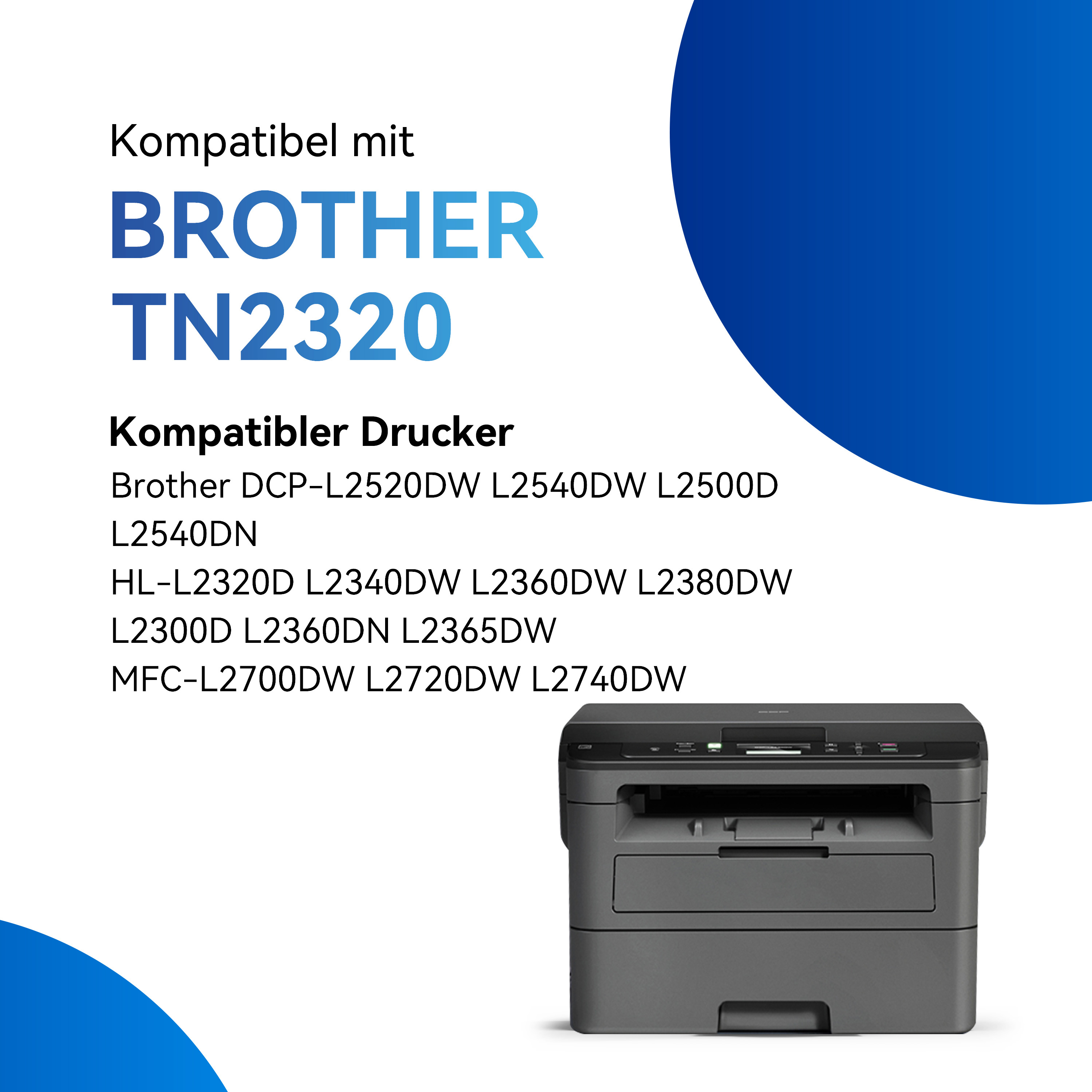 Une publicité montrant une imprimante avec le texte 'Compatible avec Brother TN2320'.