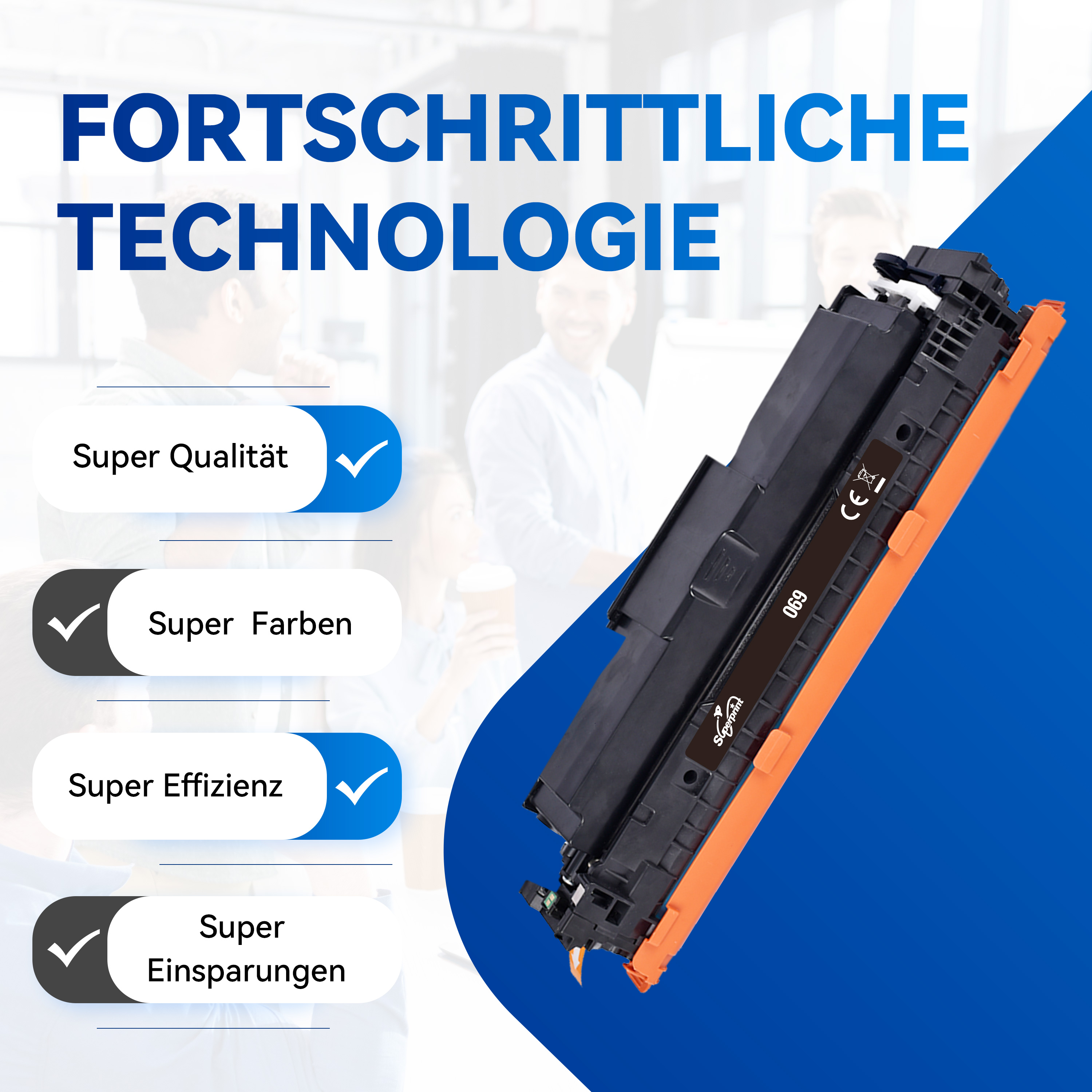 Zwarte en oranje printercartridge met vinkjes en tekst over kwaliteit en efficiëntie.