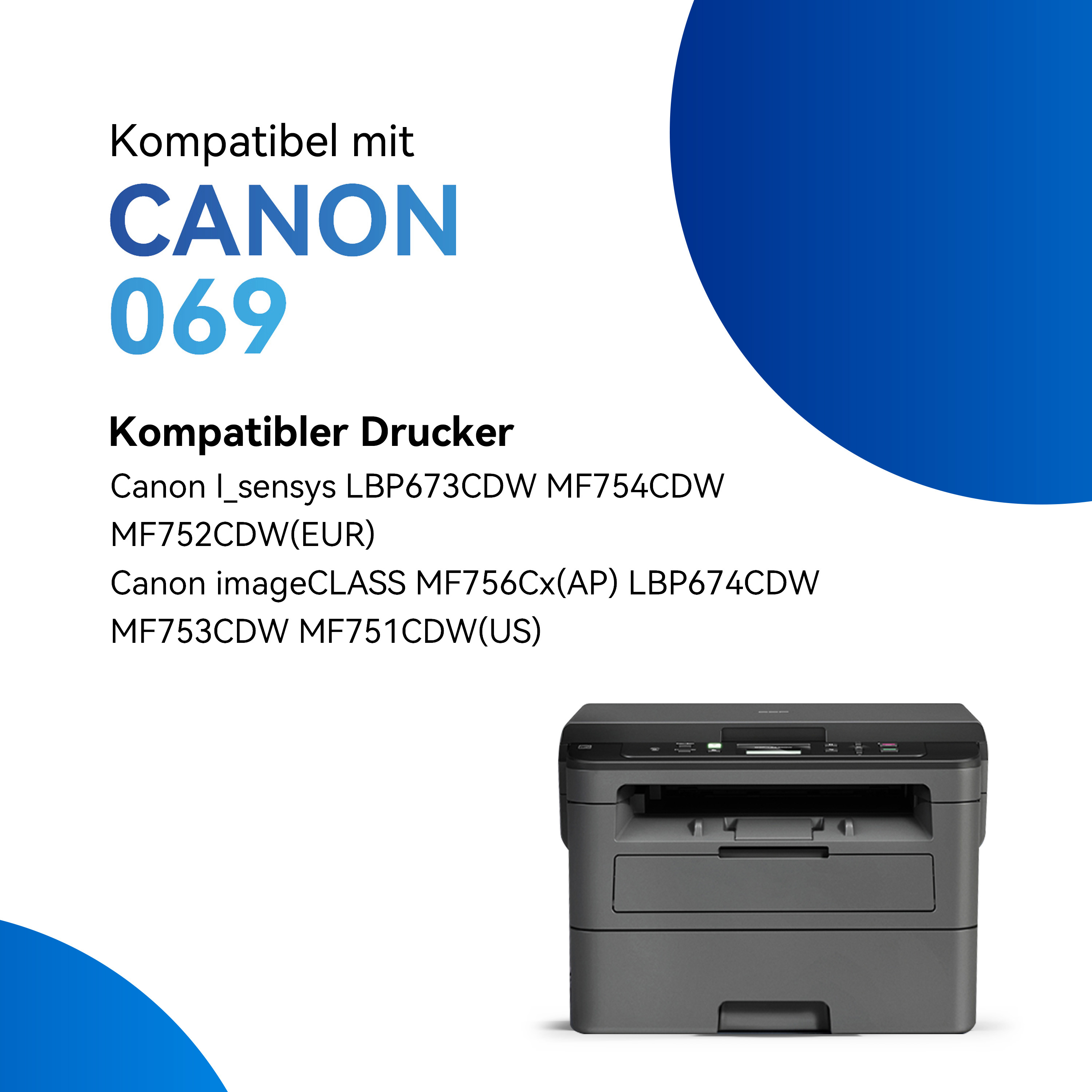 Printer met tekst: Compatibel met CANON 069, compatibele printermodellen. Blauwe achtergrond.