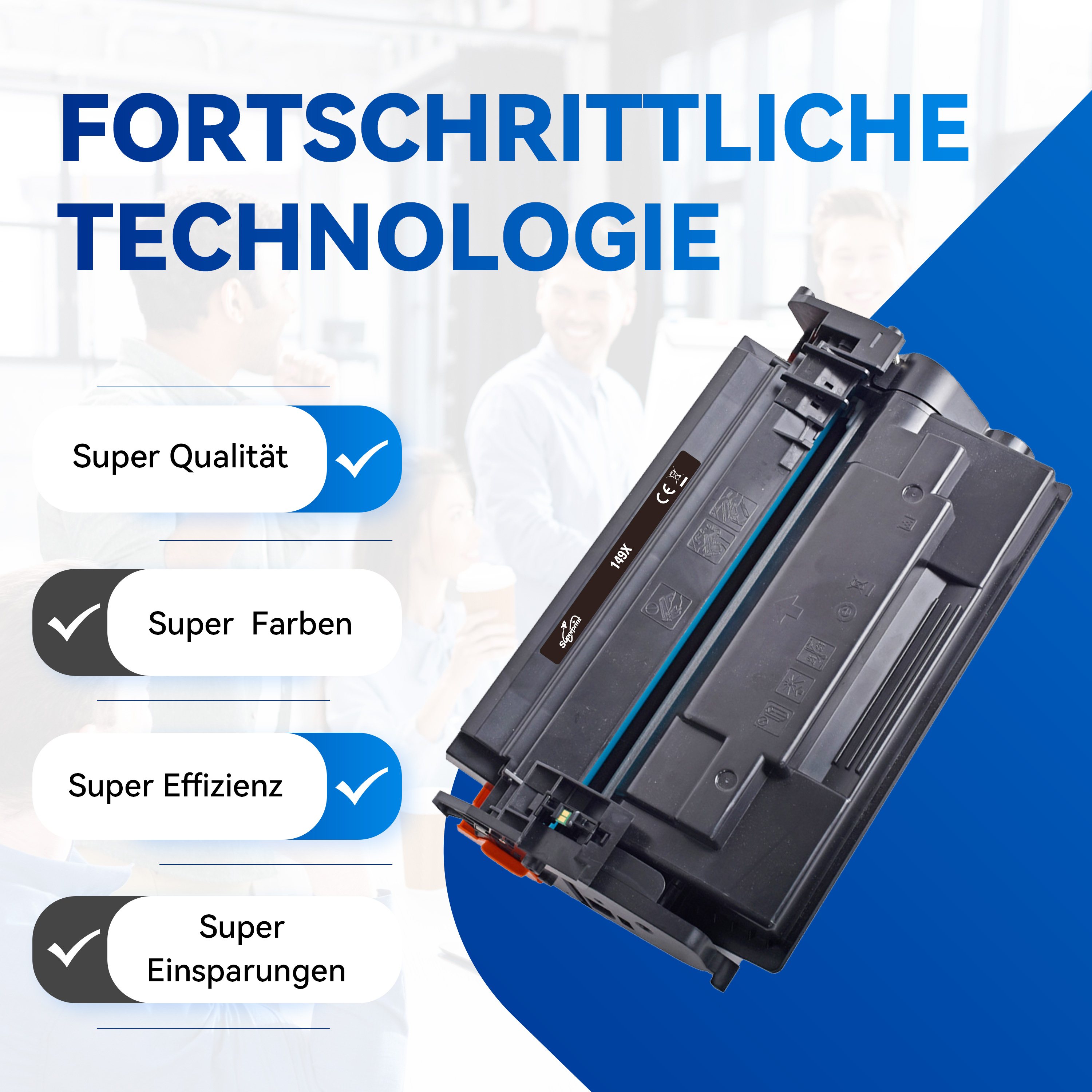 Zwarte inktcartridge met vinkjes en tekst over kwaliteit, kleur en efficiëntie.