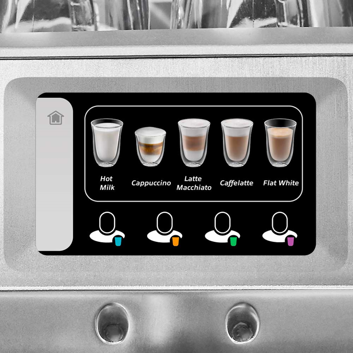 Panel ekspresu do kawy z opcjami napojów, w tym gorące mleko, cappuccino, latte macchiato i flat white.