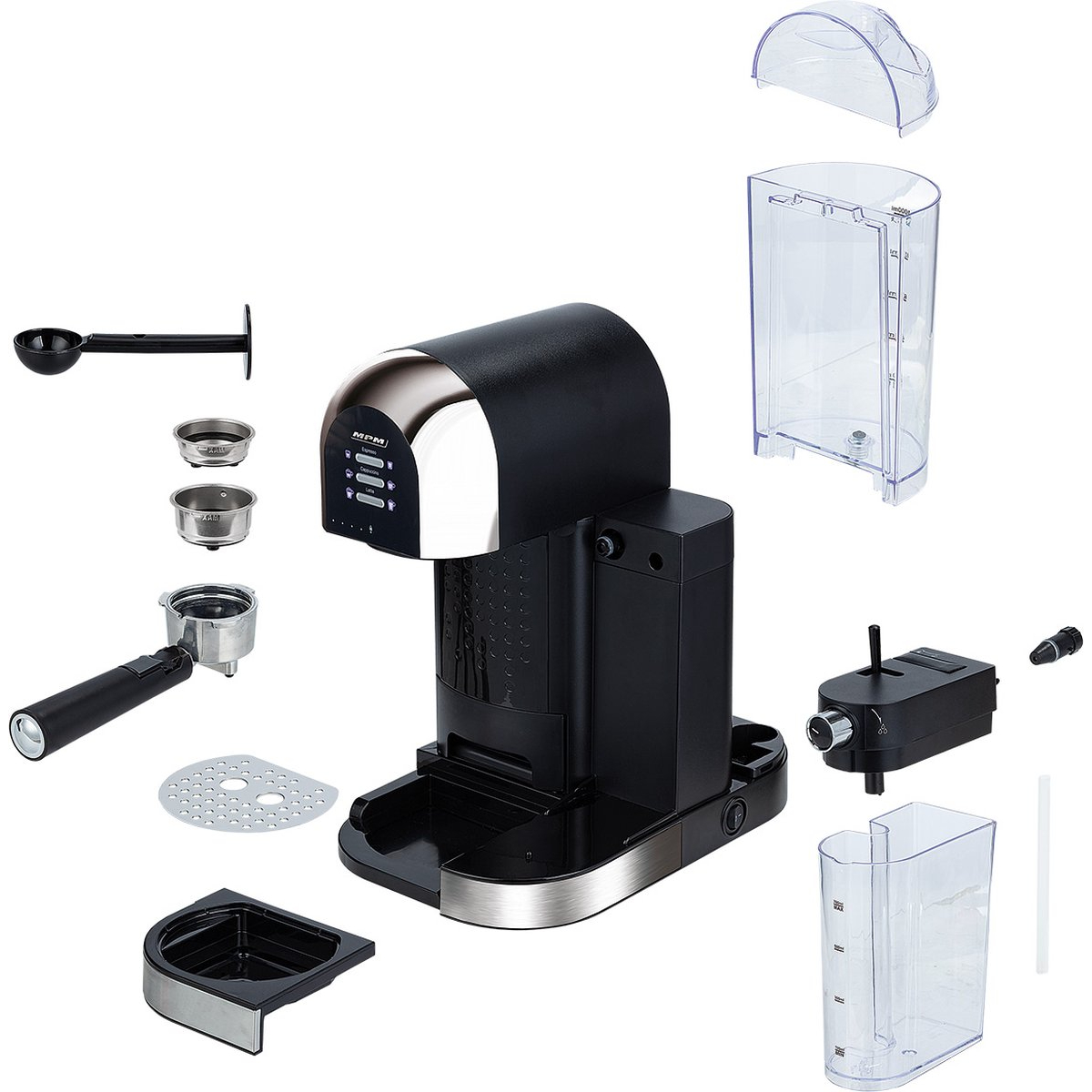 Kaffeemaschine zerlegt, mit Teilen verteilt. Schwarz-Silber-Farbschema.
