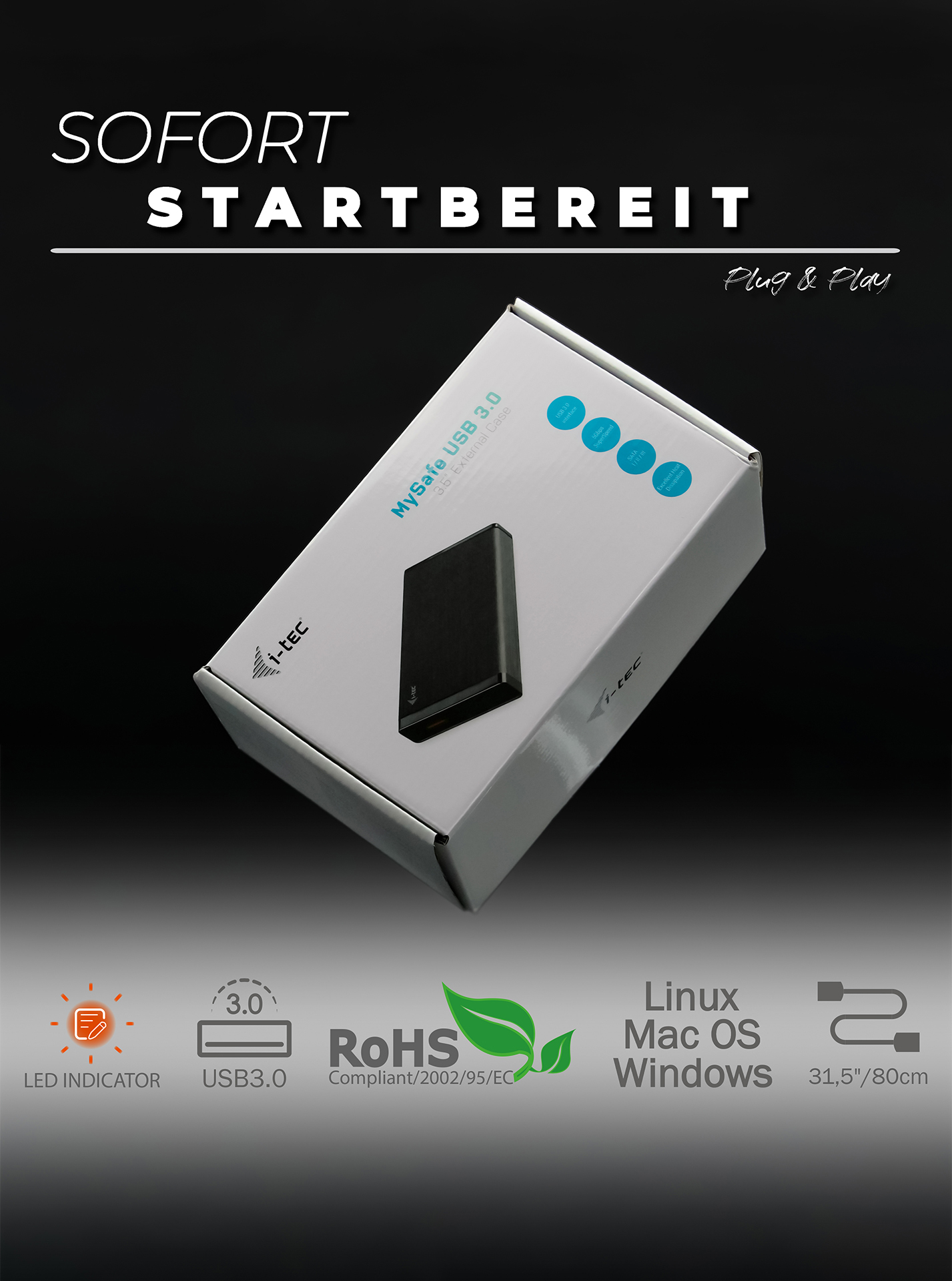 Weiße Box mit schwarzer Festplatte. Texte: 'SOFORT STARTBEREIT' und 'Plug & Play'.
