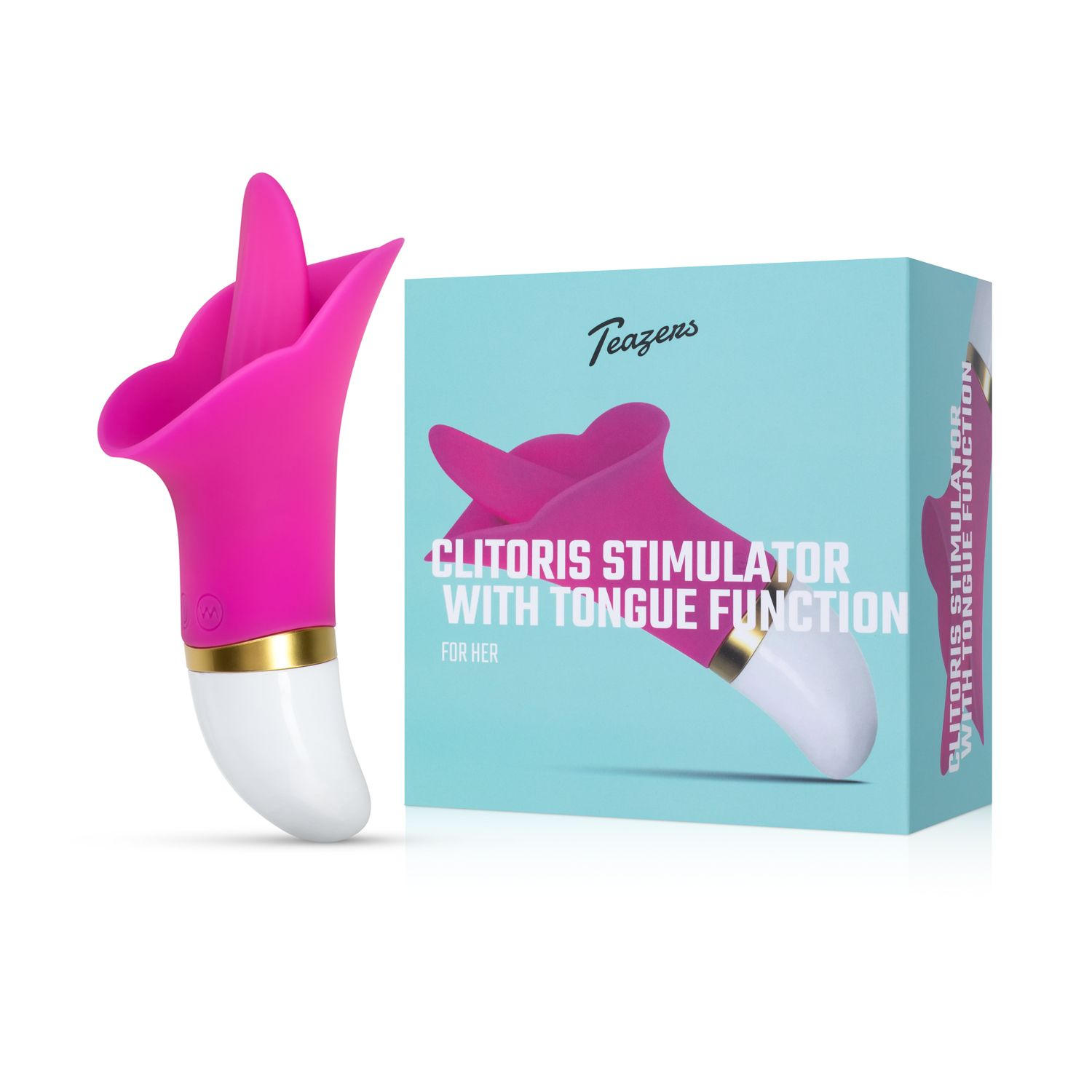 Ein rosa Klitoris-Stimulator mit einer Box auf weißem Hintergrund.
