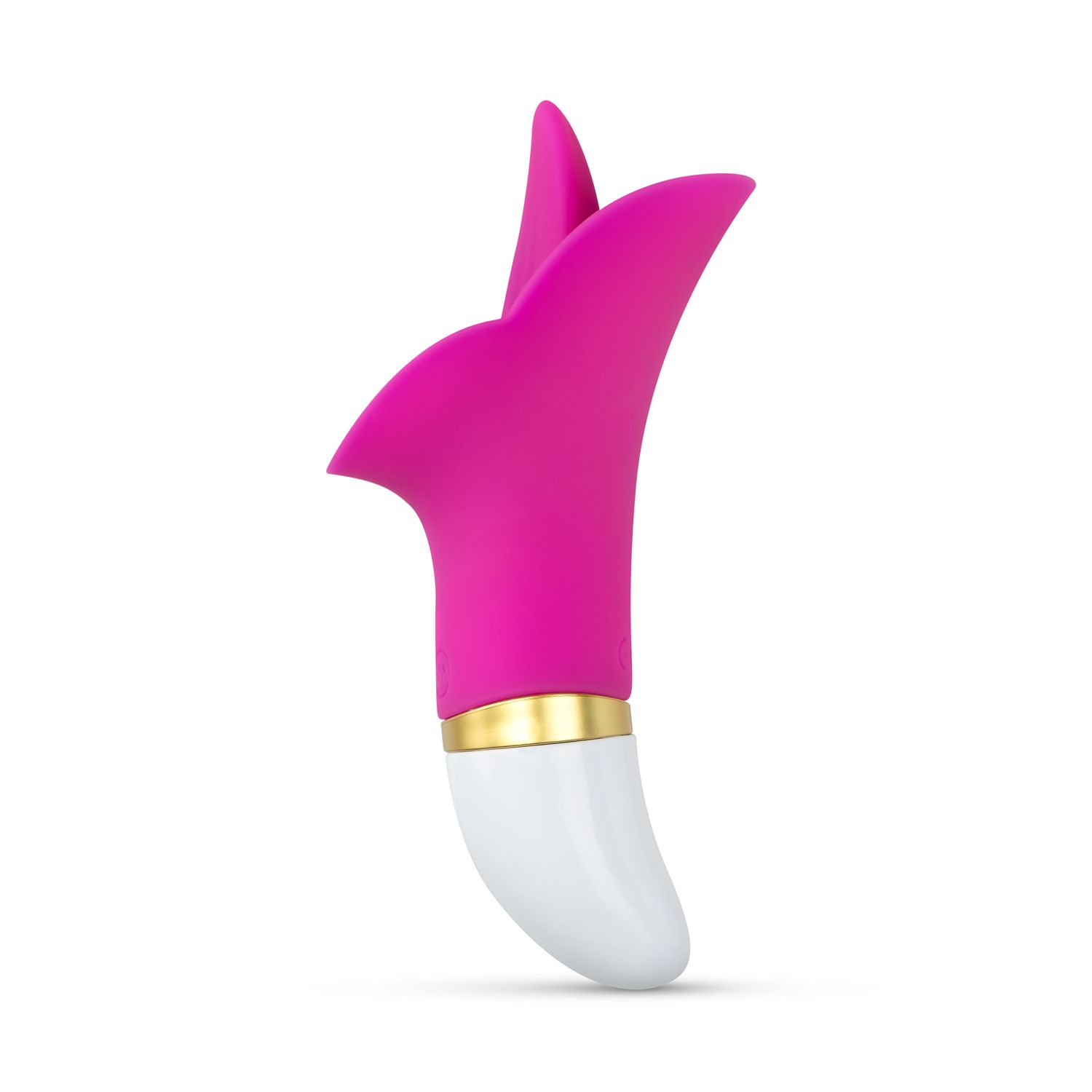 Ein rosa-weißer Vibrator, geformt wie eine Tulpe. Er ist vor einem weißen Hintergrund.