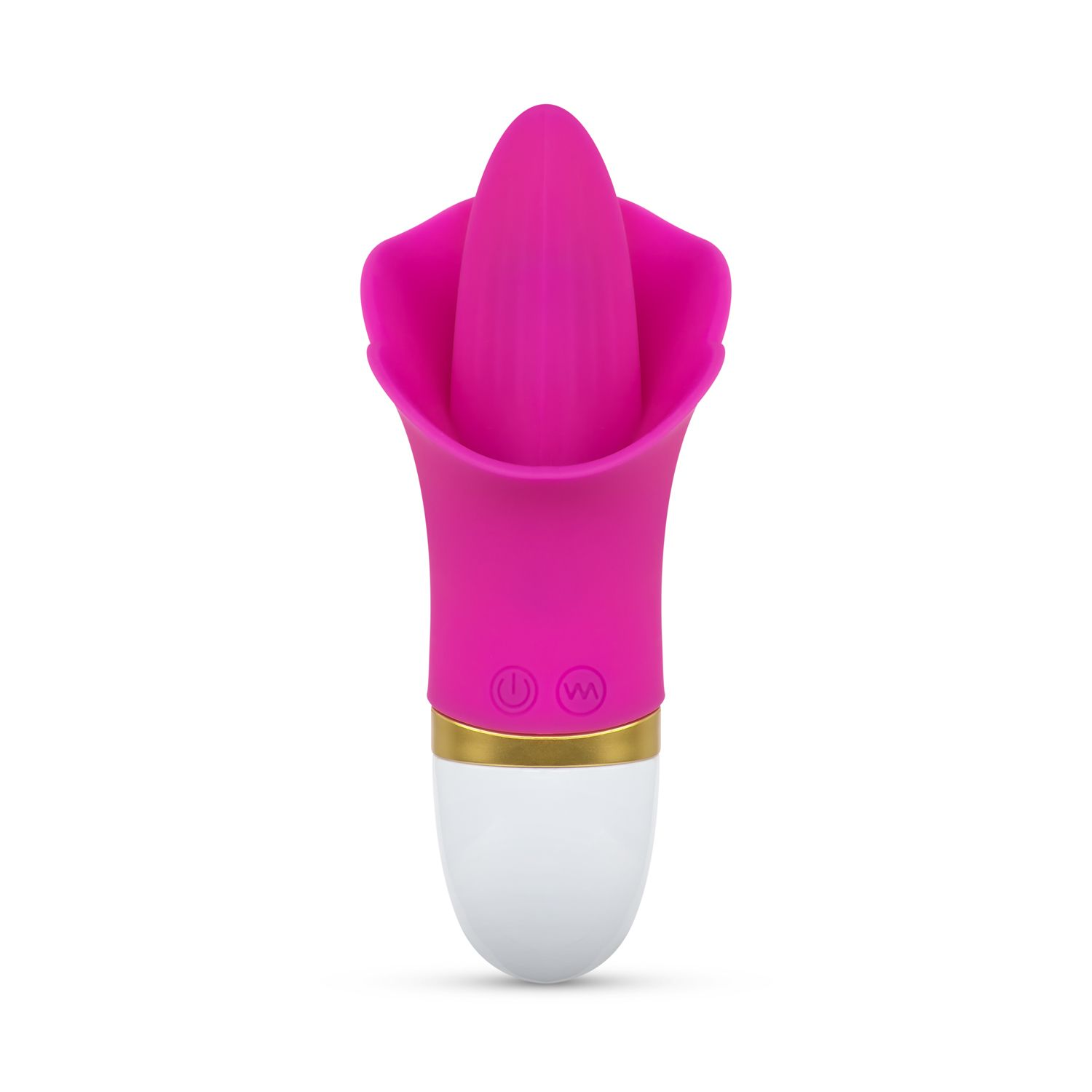 Ein pinkfarbener Vibrator mit weißem Sockel und goldenen Details.