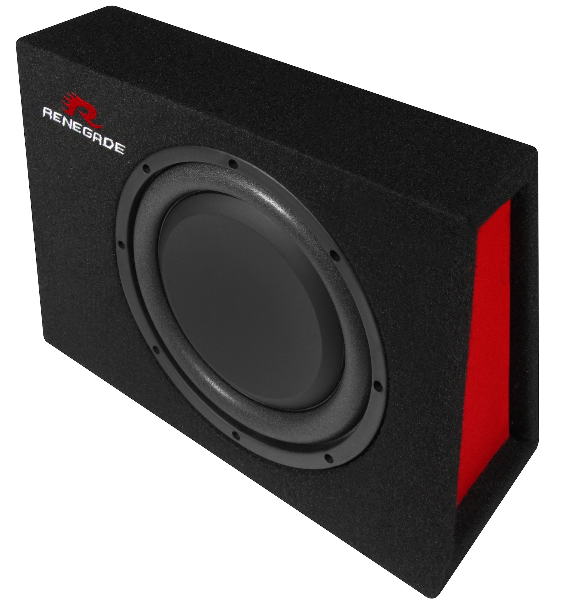Schwarzer Subwoofer. Der Subwoofer hat einen runden Lautsprecher und einen roten Bereich. In schwarzer Box.