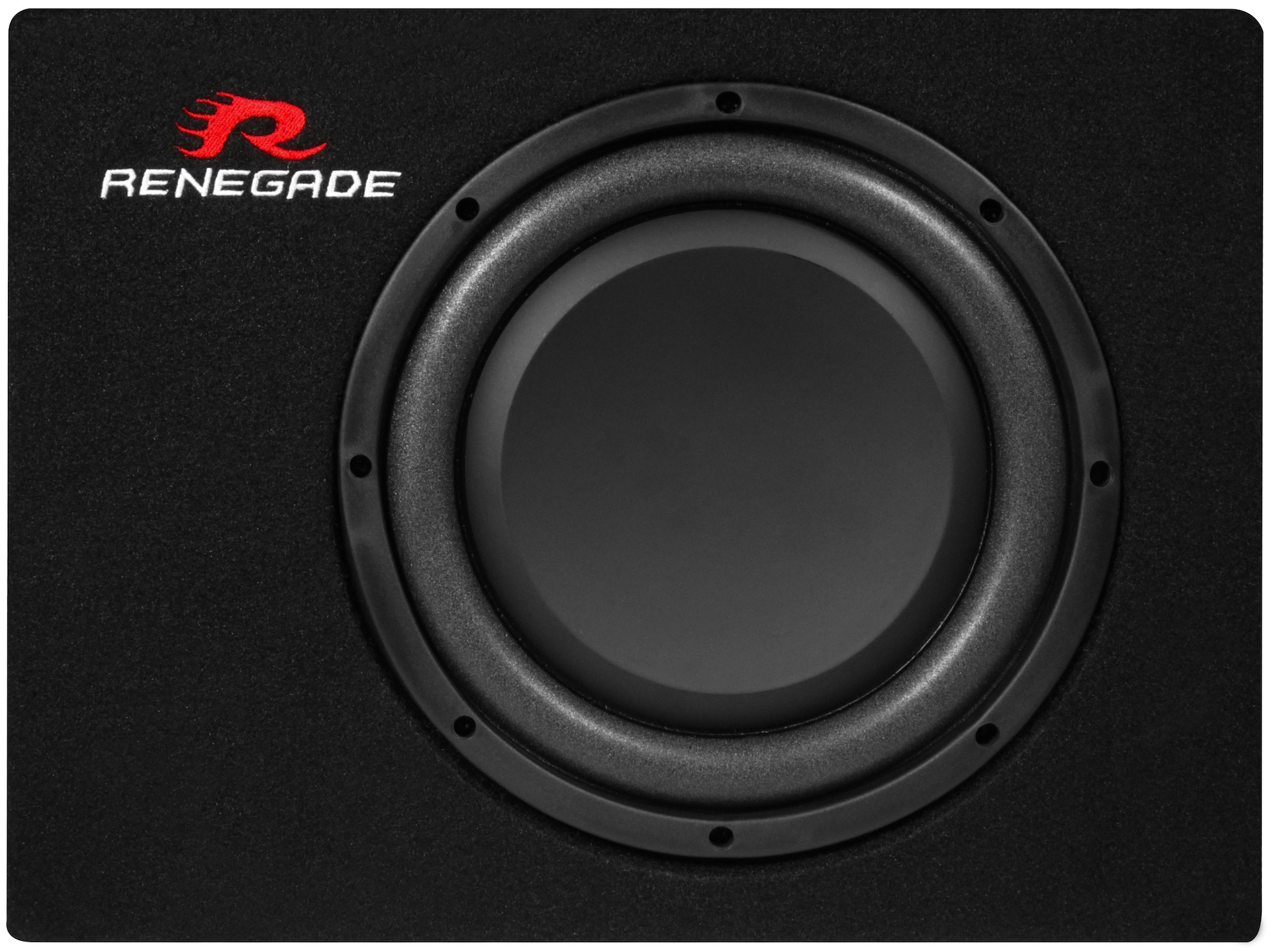Ein schwarzer Subwoofer in einer Box, mit dem Wort 'RENEGADE' in Rot links.