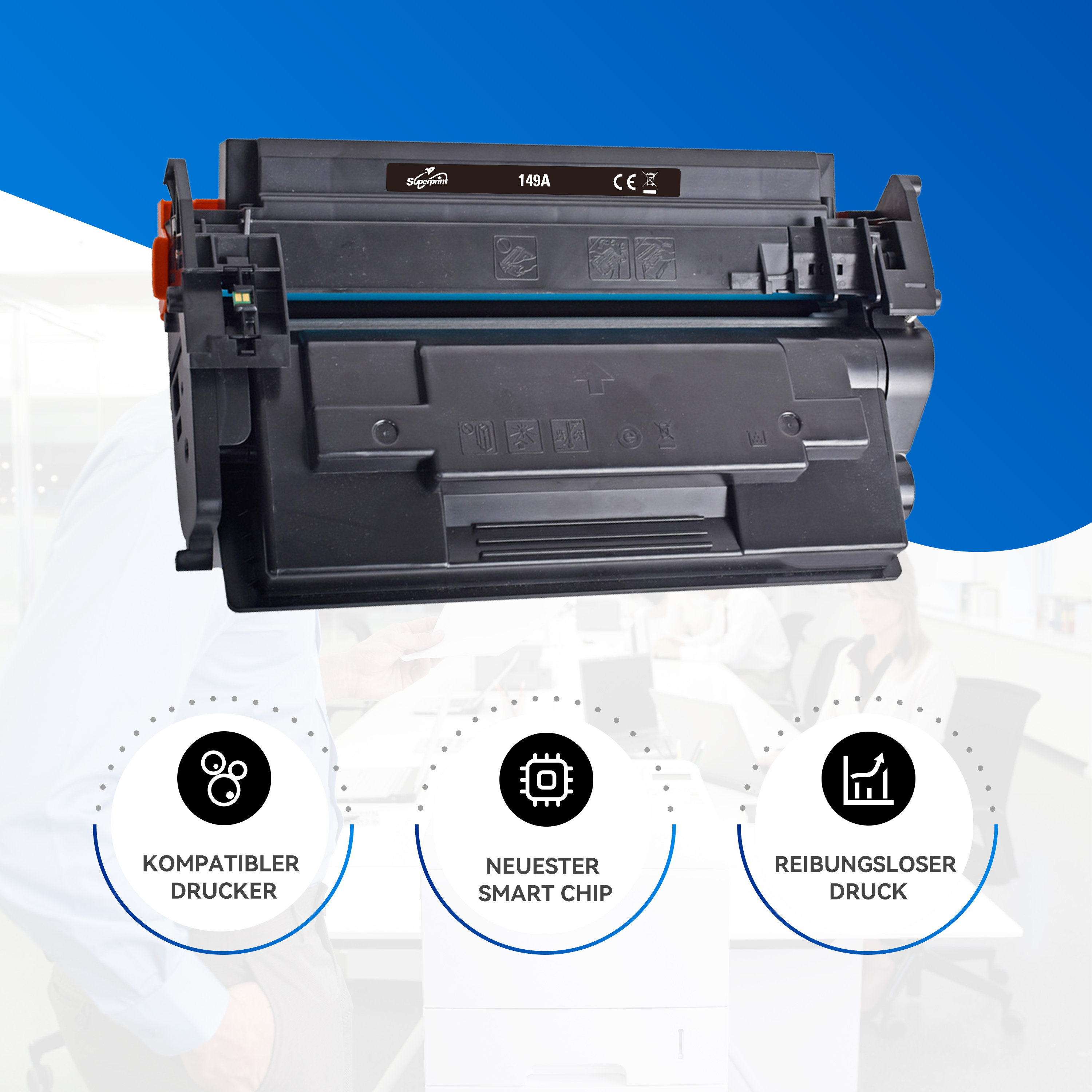 Een zwarte inktcartridge met label '149A' en pictogrammen, op een blauwe achtergrond.