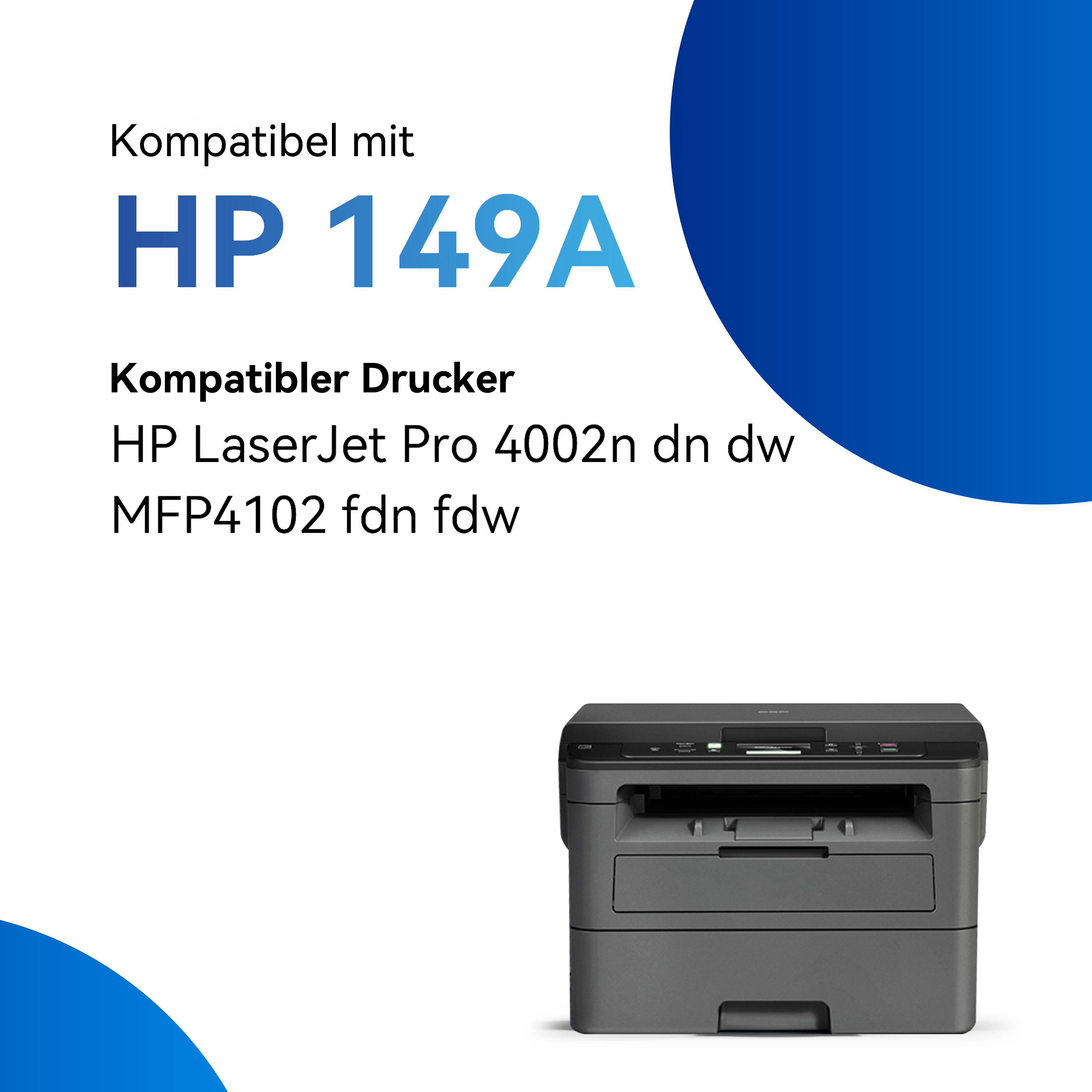 Zwarte printer met tekst over HP 149A en compatibele printermodellen.