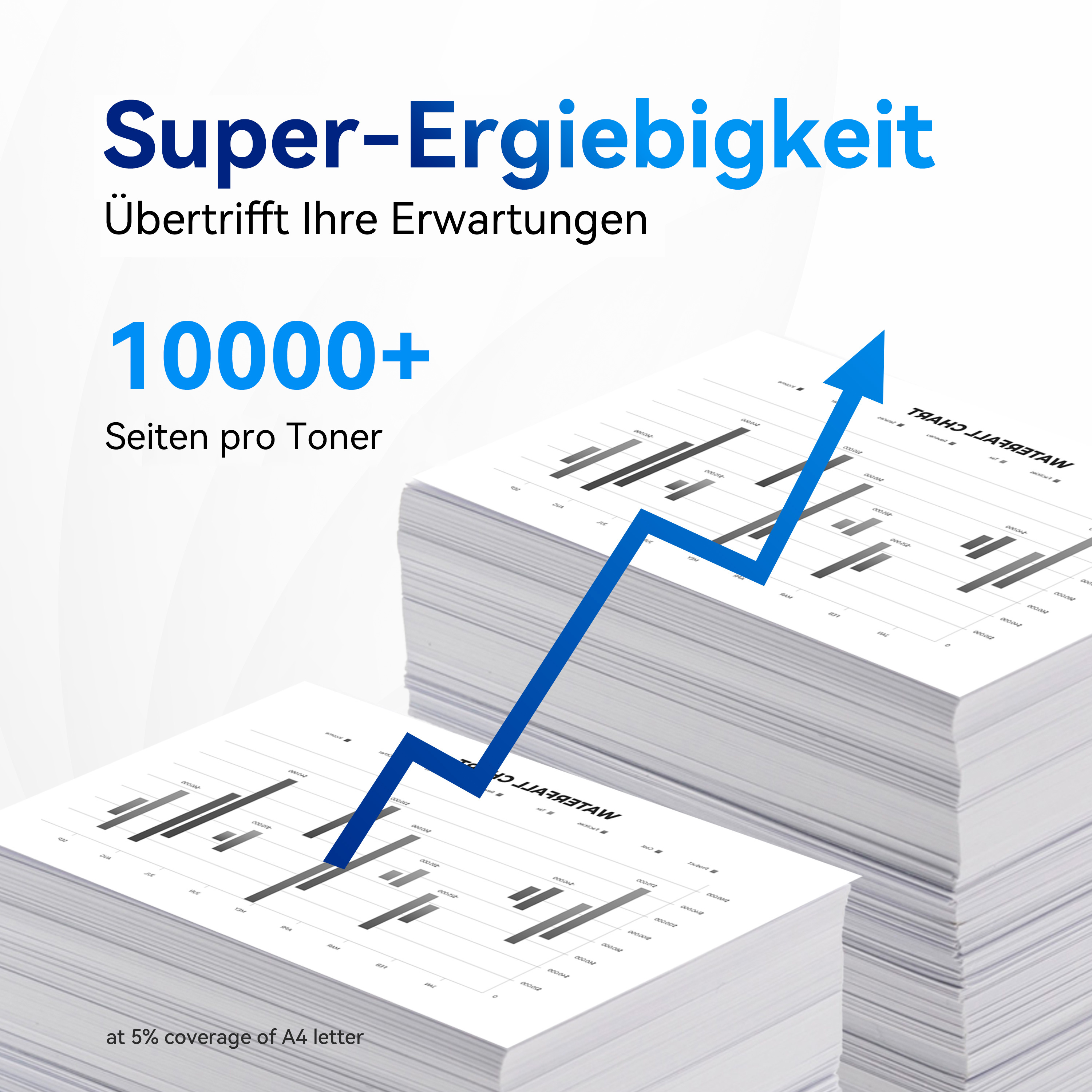 Stapel papier met een blauwe pijl omhoog. Tekst over hoge opbrengst is zichtbaar.