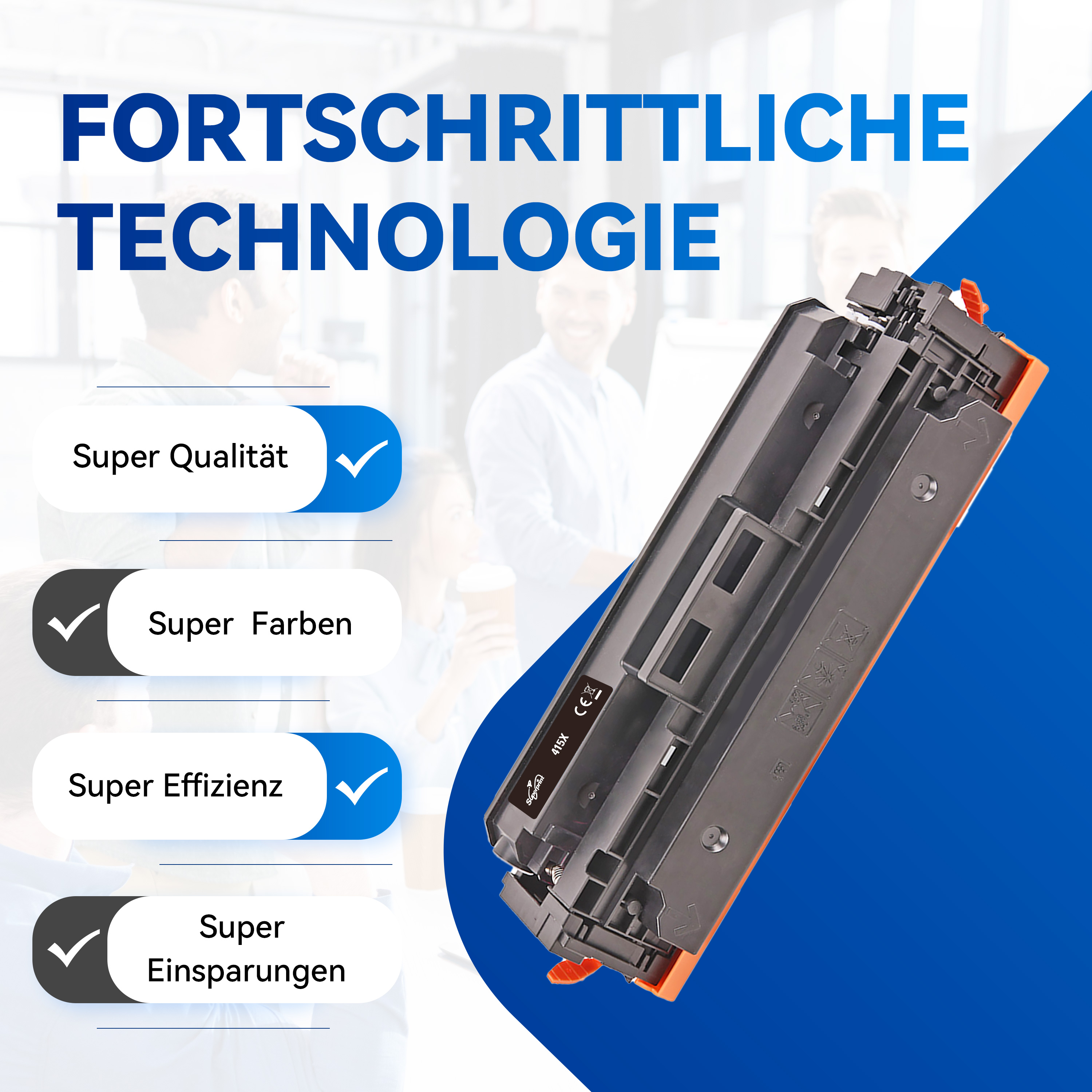 Een zwarte en oranje tonercartridge met vinkjes en tekst over technologie.