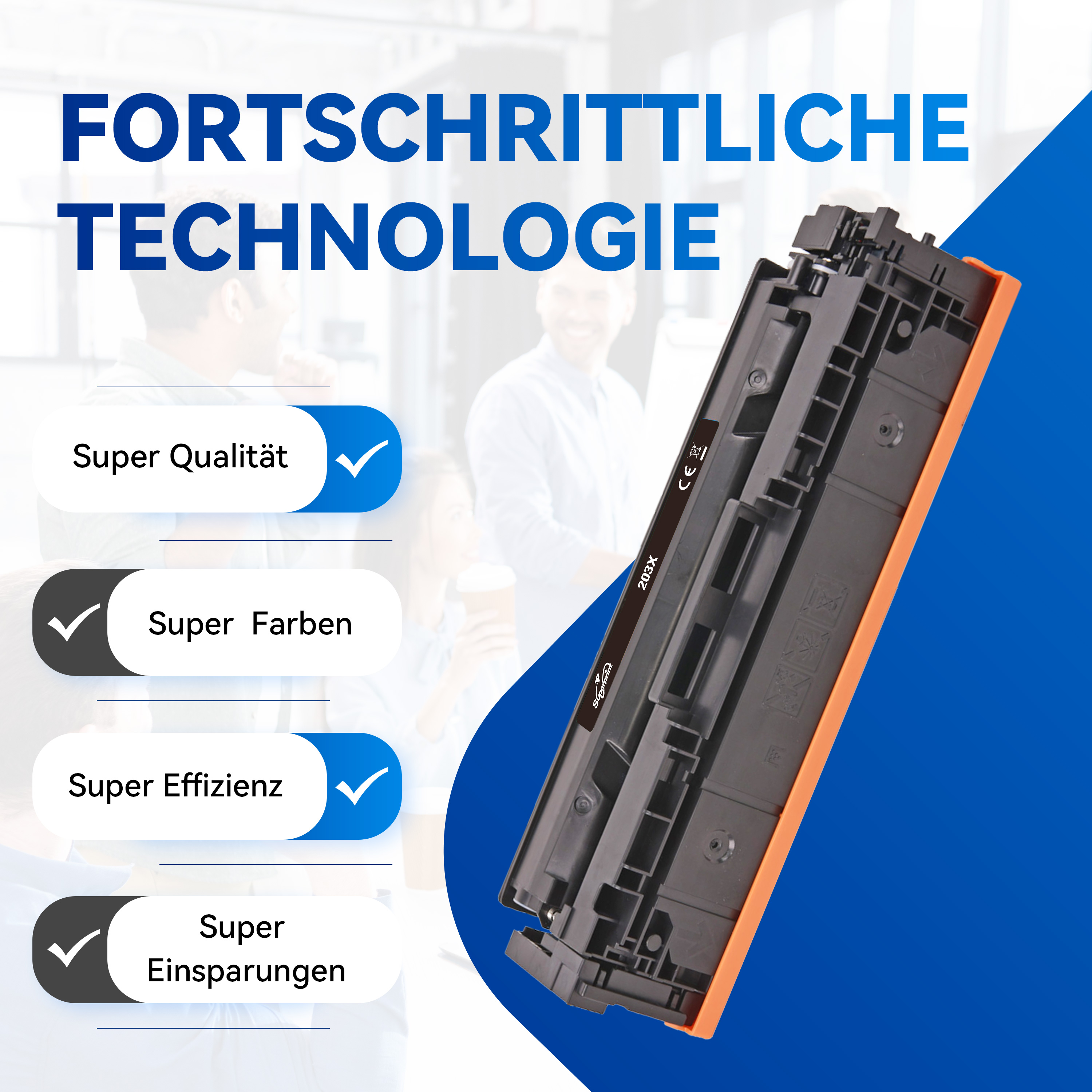 Een printercartridge met vinkjes voor superkwaliteit, kleuren, efficiëntie en besparingen.
