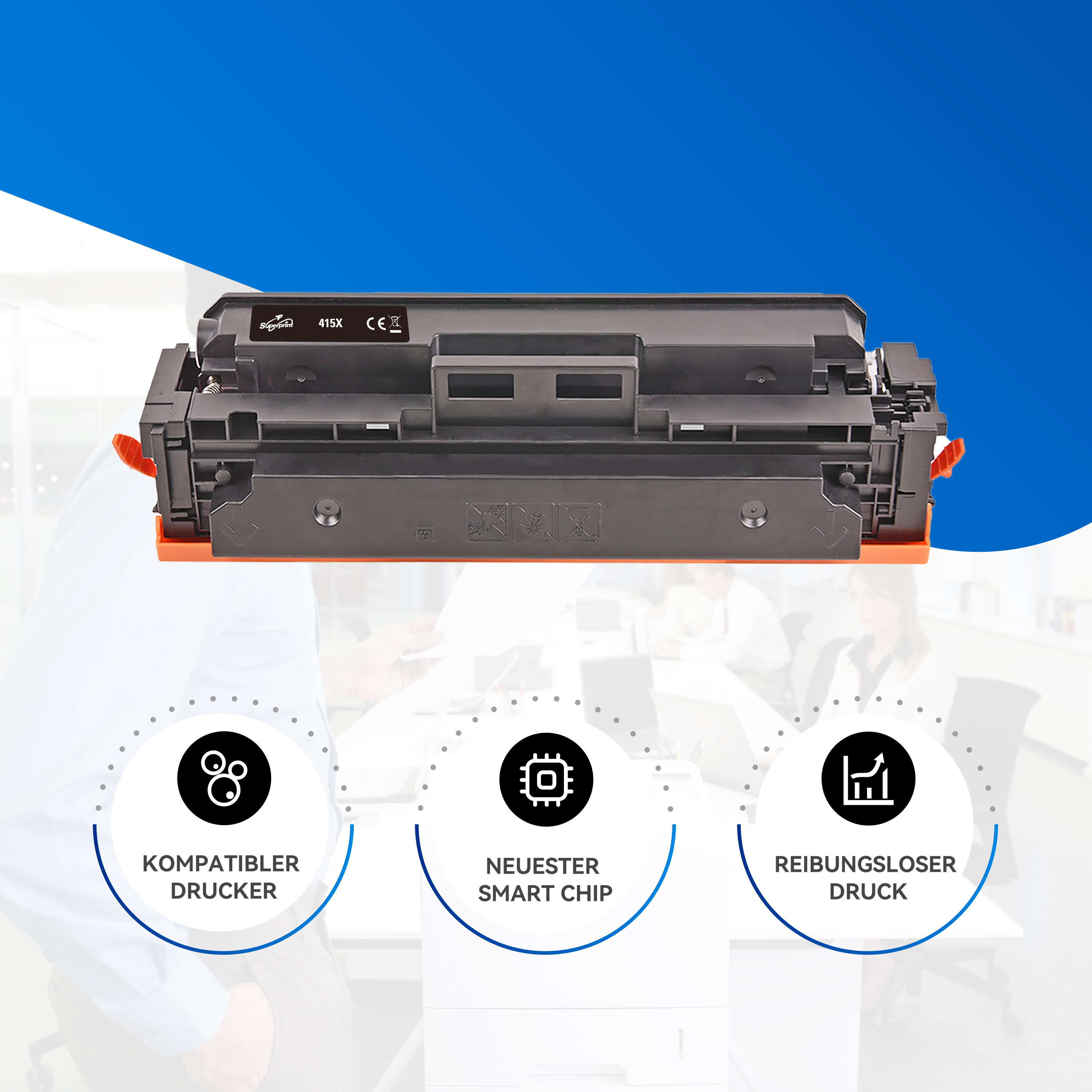 Een zwarte en oranje printertonercartridge met pictogrammen voor compatibiliteit, slimme chip en afdrukken.