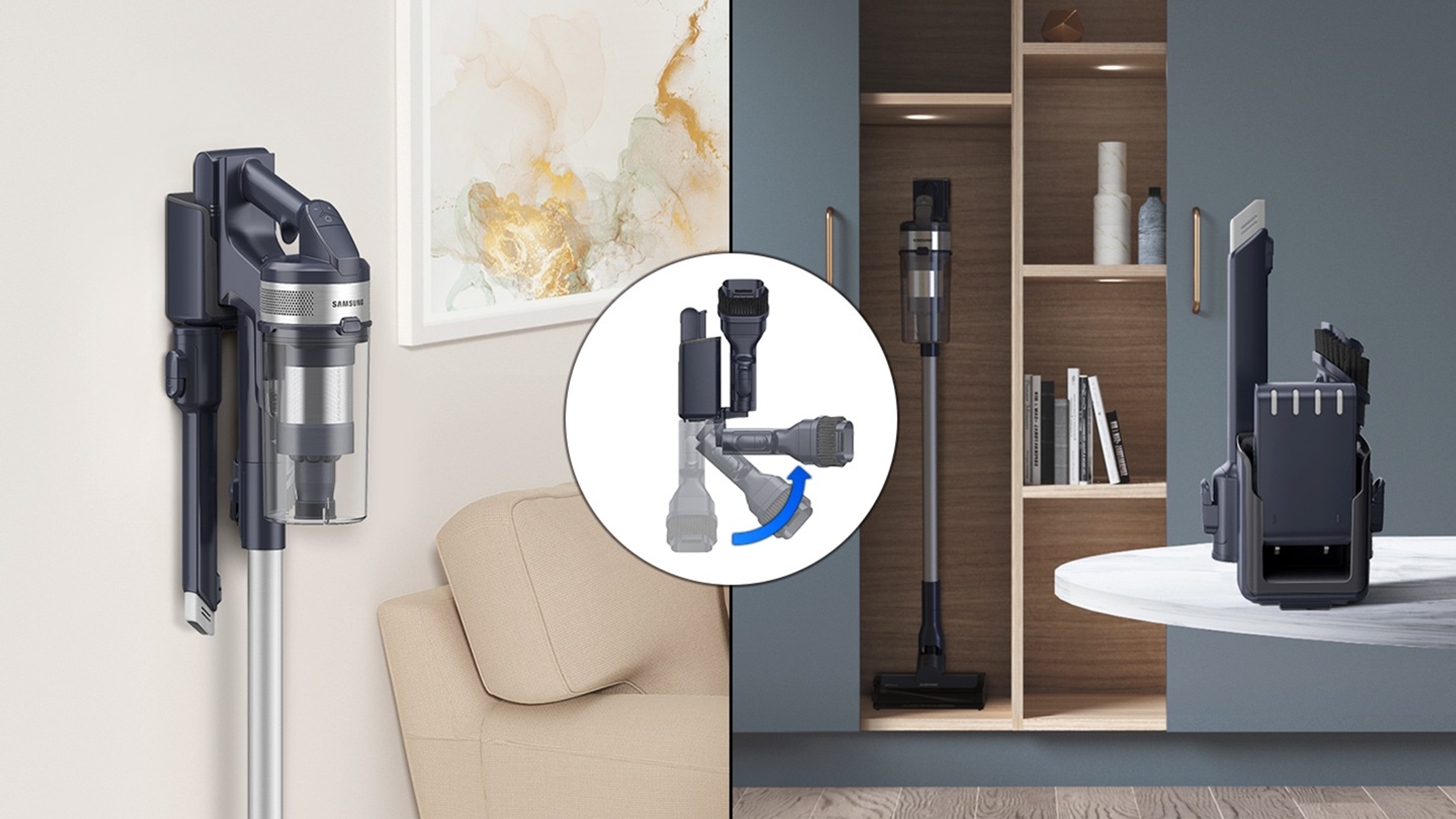 Odkurzacz zamontowany na ścianie, z odpinaną częścią i stacją ładującą.