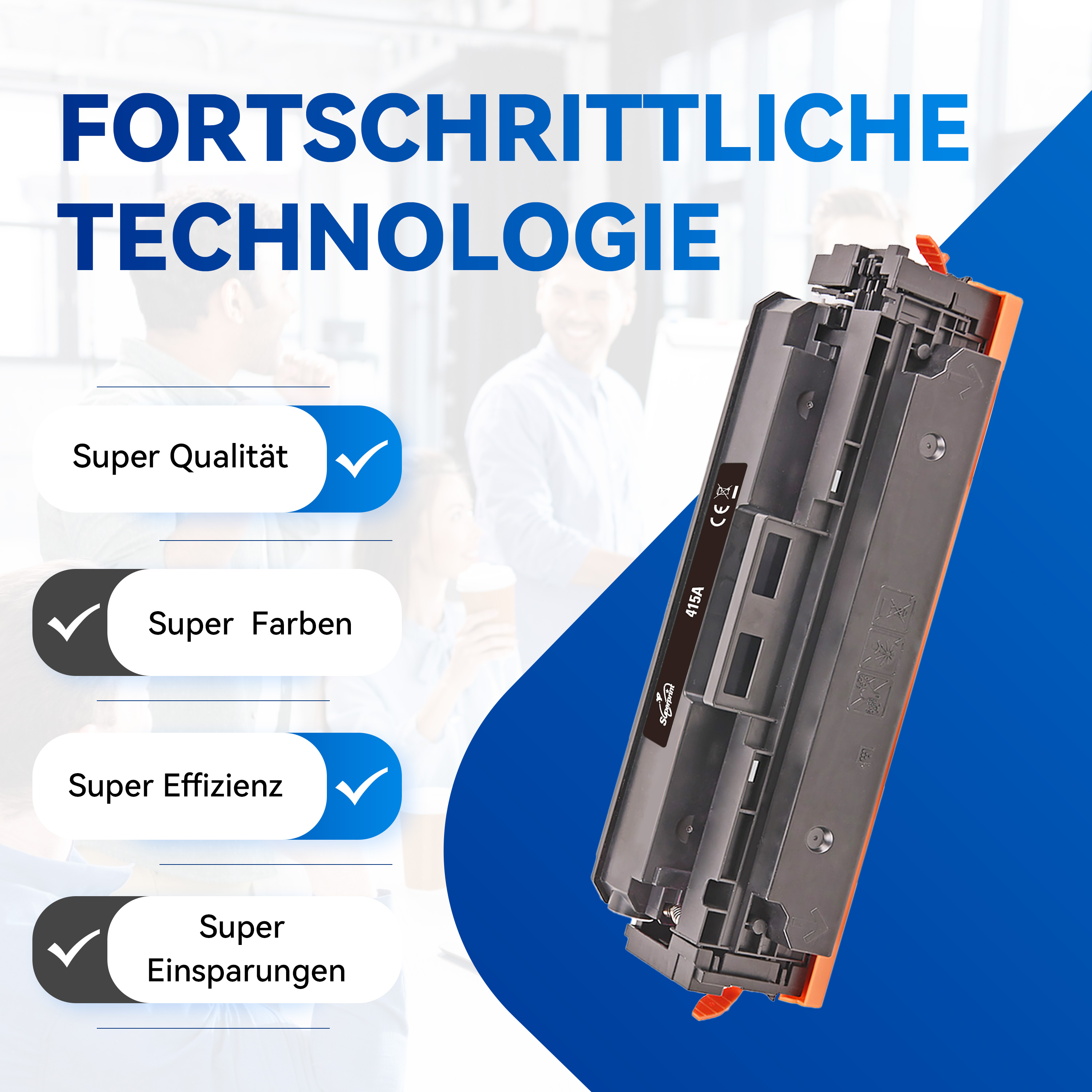 Printercartridge met tekst "Super Kwaliteit", "Super Kleuren" en "Super Efficiëntie".