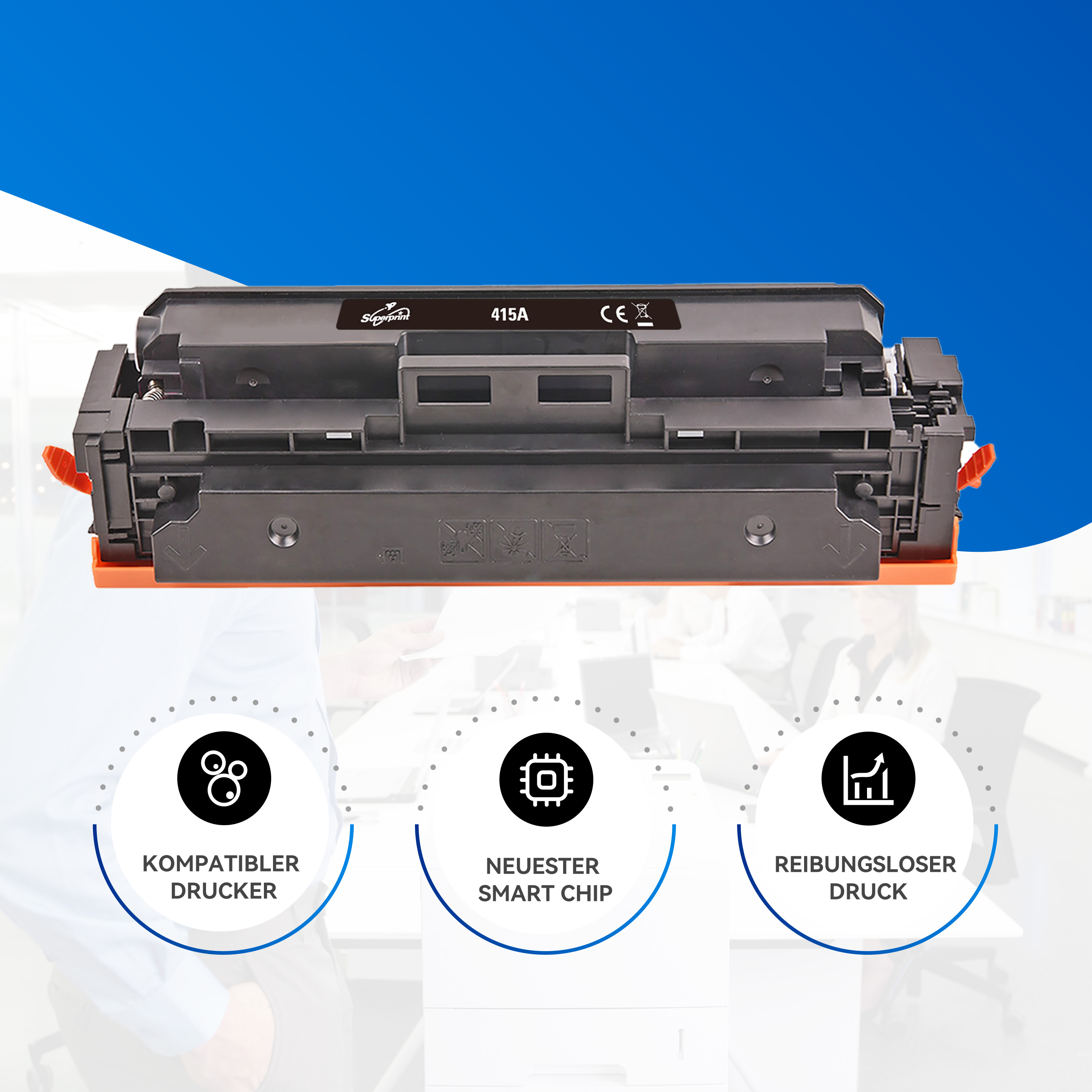 Zwarte en oranje printercartridge met labels: Compatibele printer, Smart chip en Soepel afdrukken.