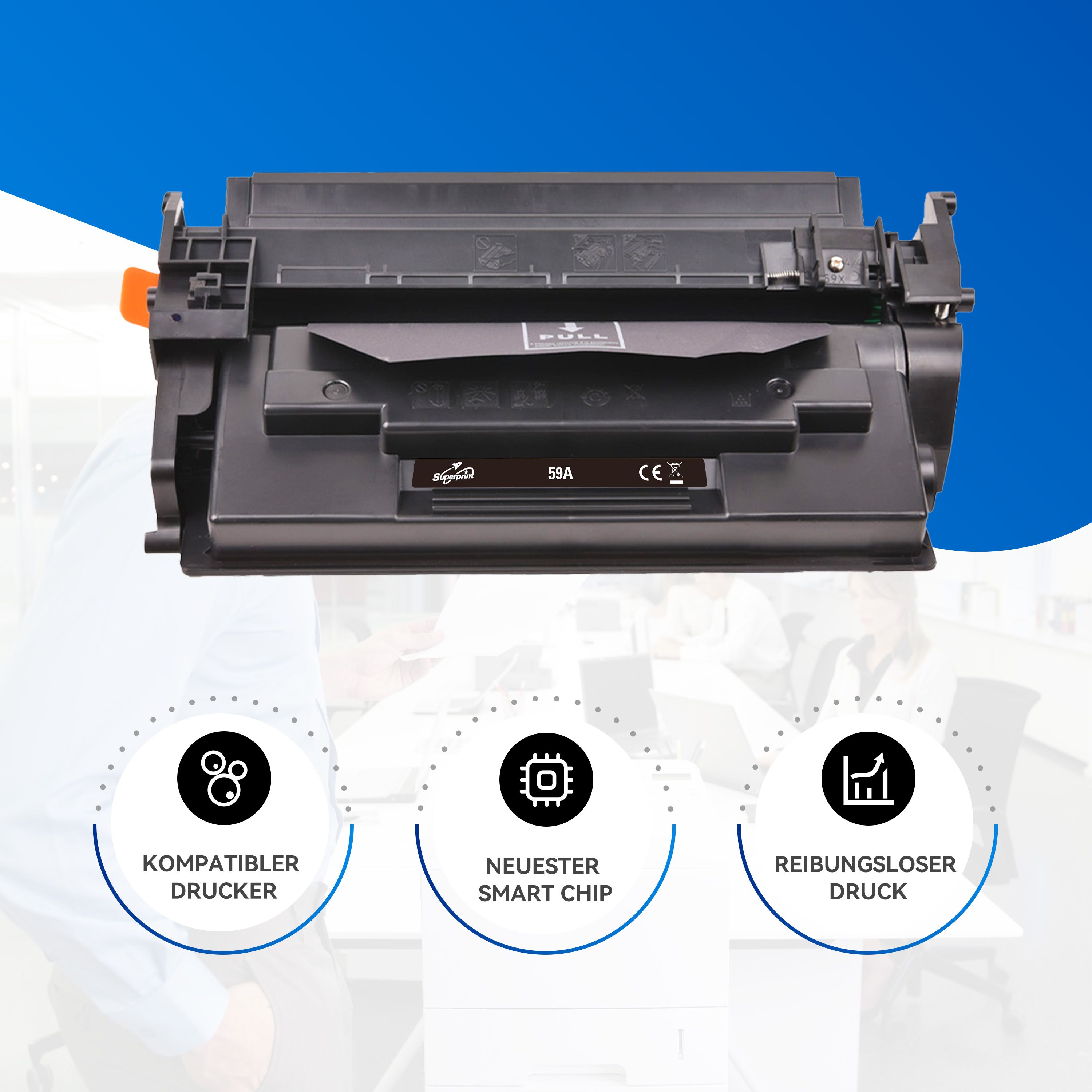Printercartridge met pictogrammen voor compatibele printer, slimme chip en soepele afdruk.
