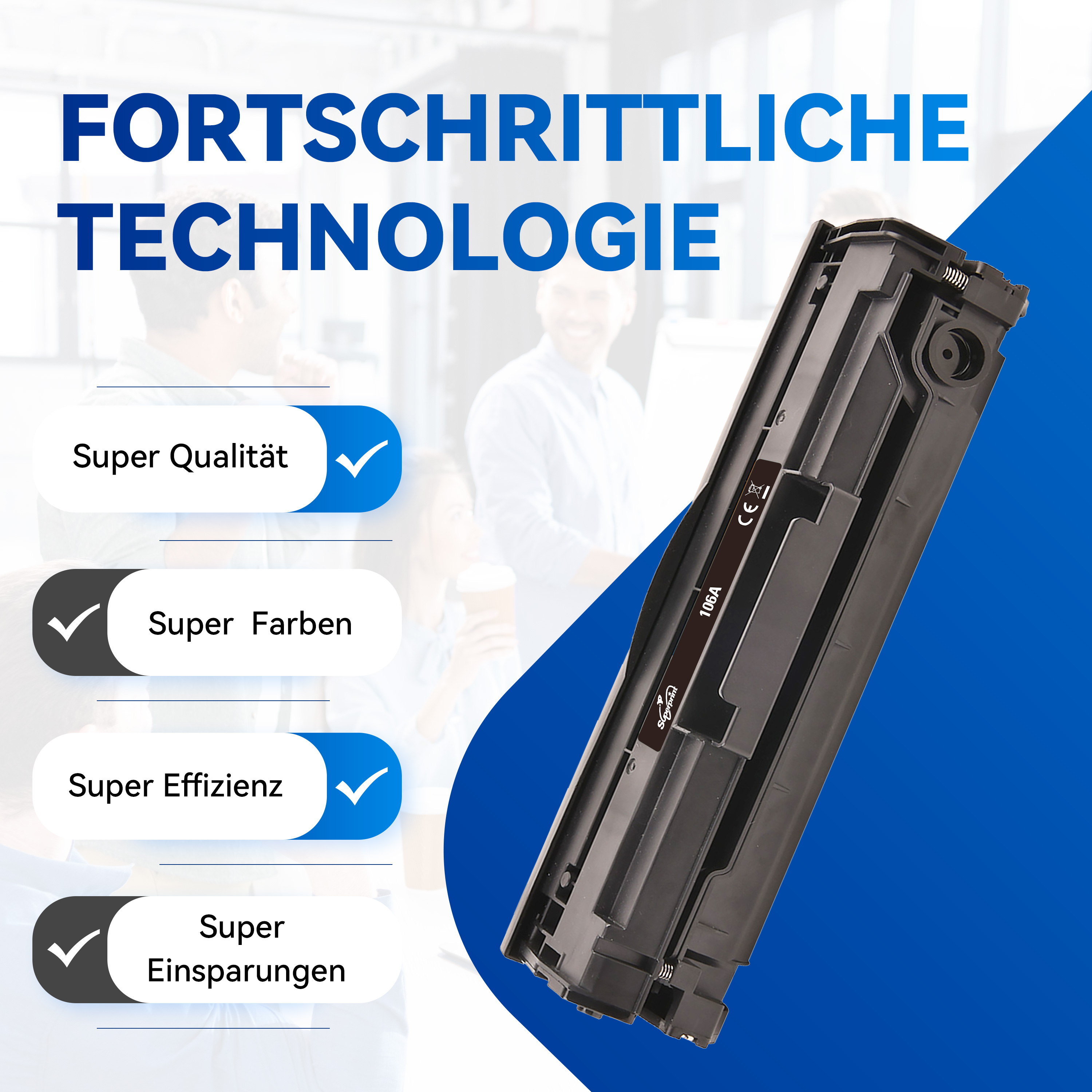 Zwarte tonercartridge met vinkjes naast 'Super Kwaliteit', 'Super Kleuren', 'Super Efficiëntie' en 'Super Besparingen'.