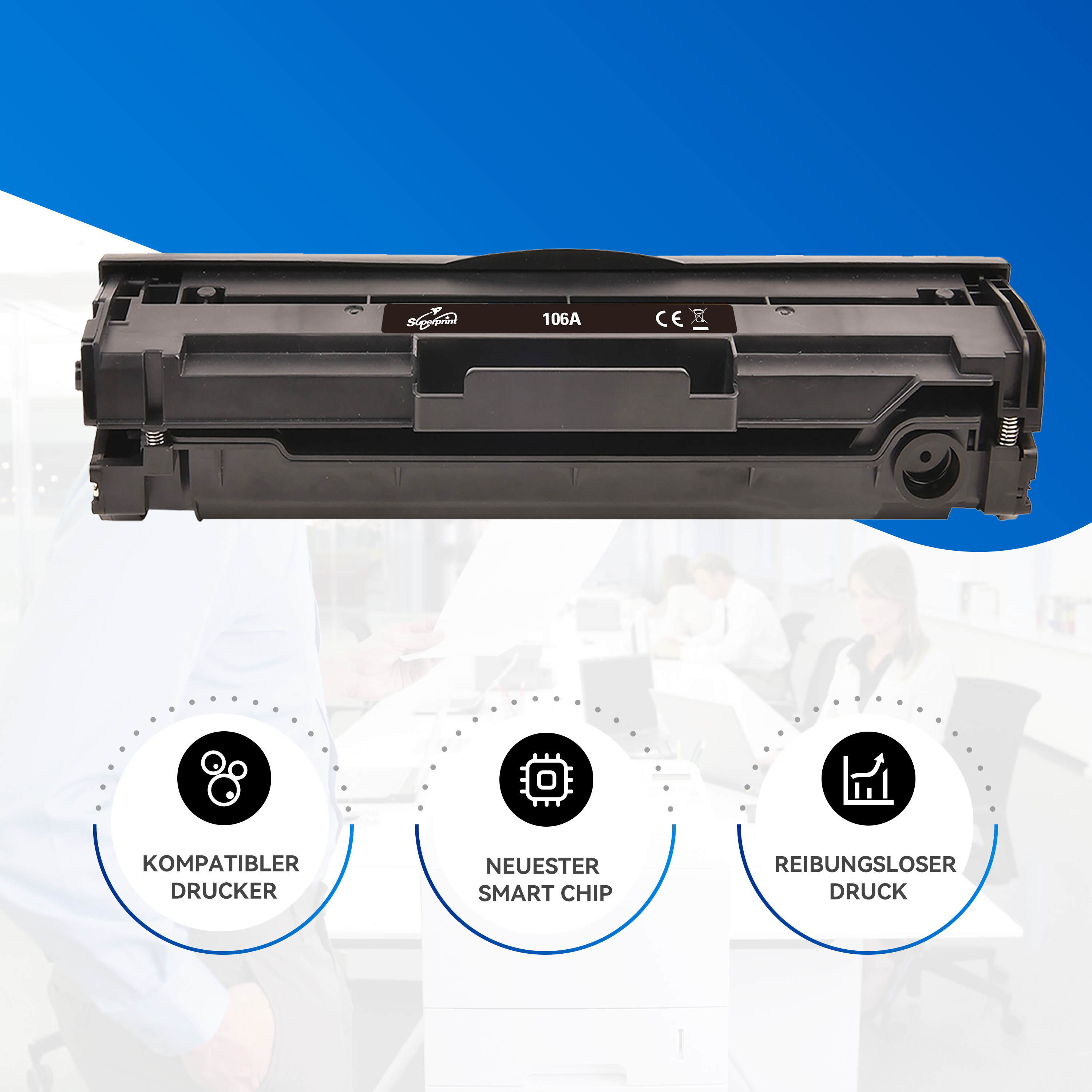 Zwarte printercartridge met iconen: compatibele printer, nieuwe smart chip, soepele print. Blauwe achtergrond.