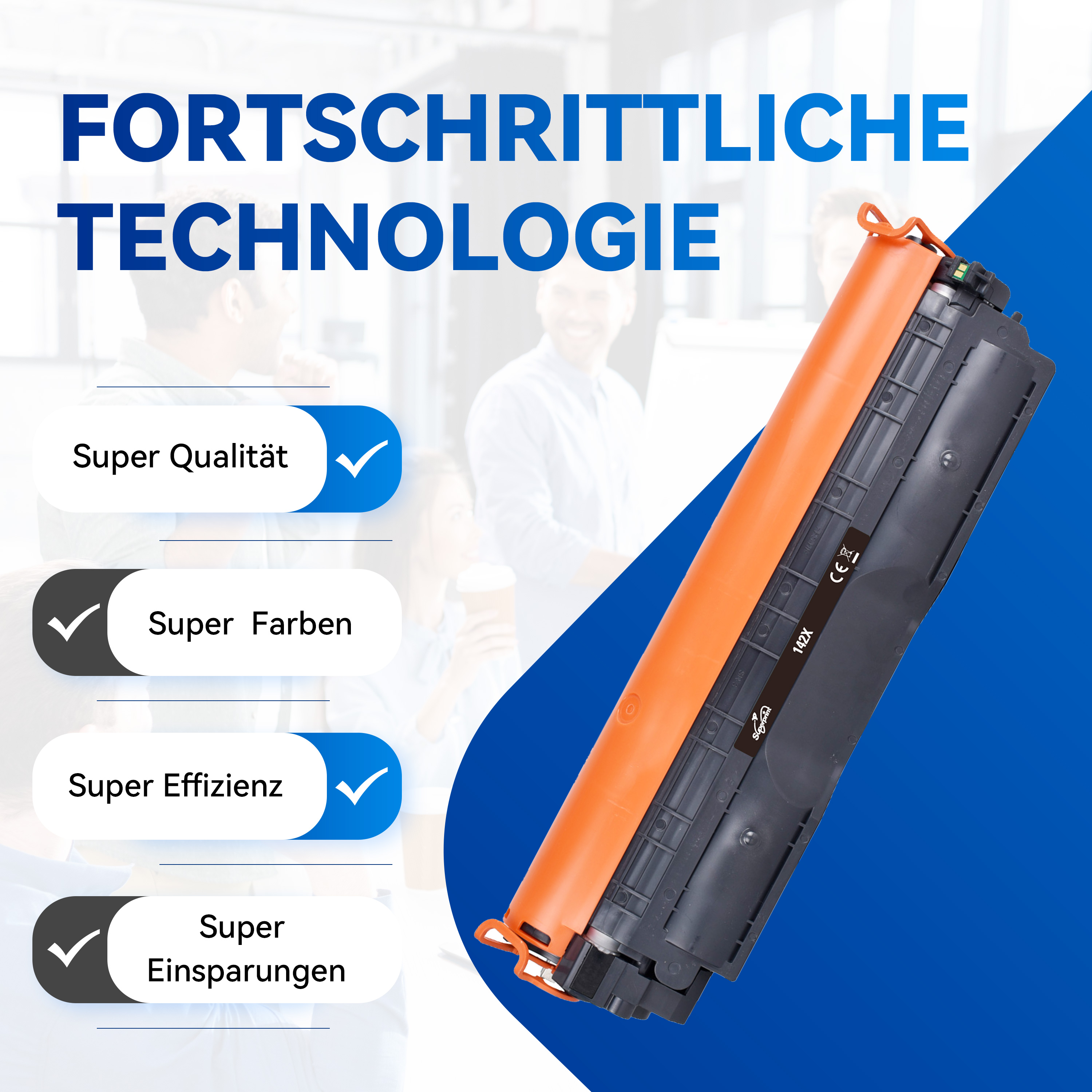 Printercartridge met vinkjes voor kwaliteit, kleuren, efficiëntie en besparingen.
