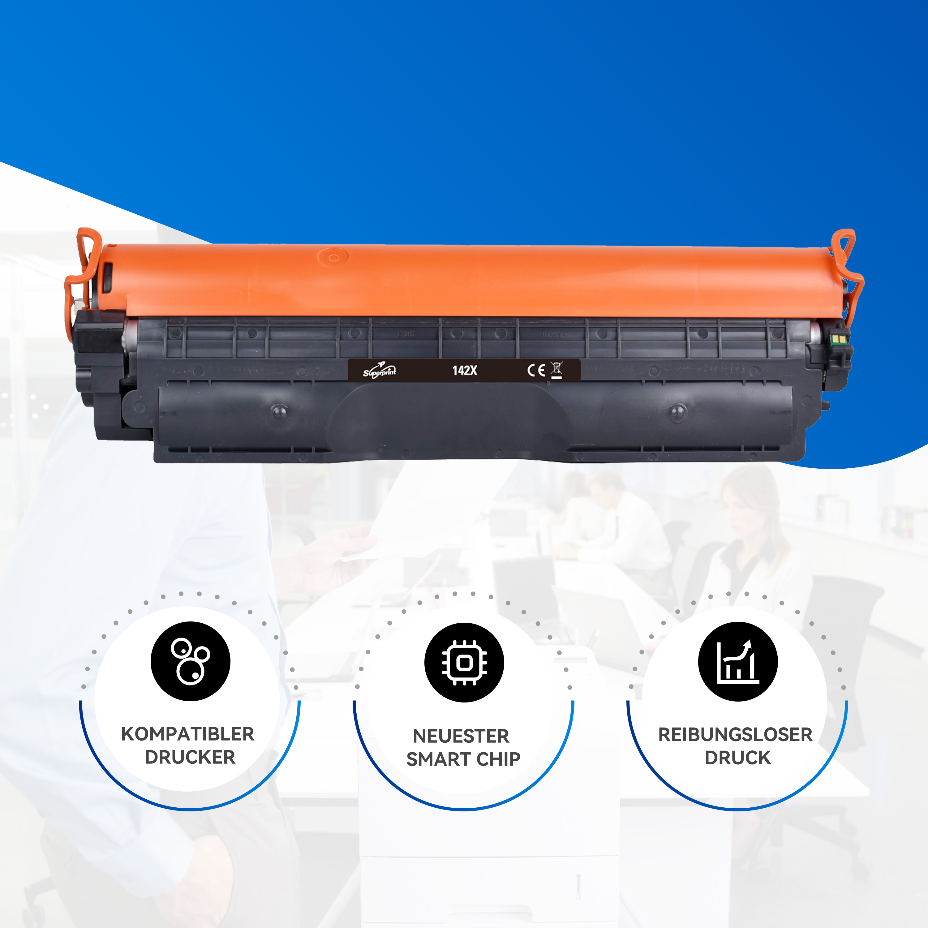 Zwarte tonercartridge met oranje accenten, met drie pictogrammen die functies aangeven.