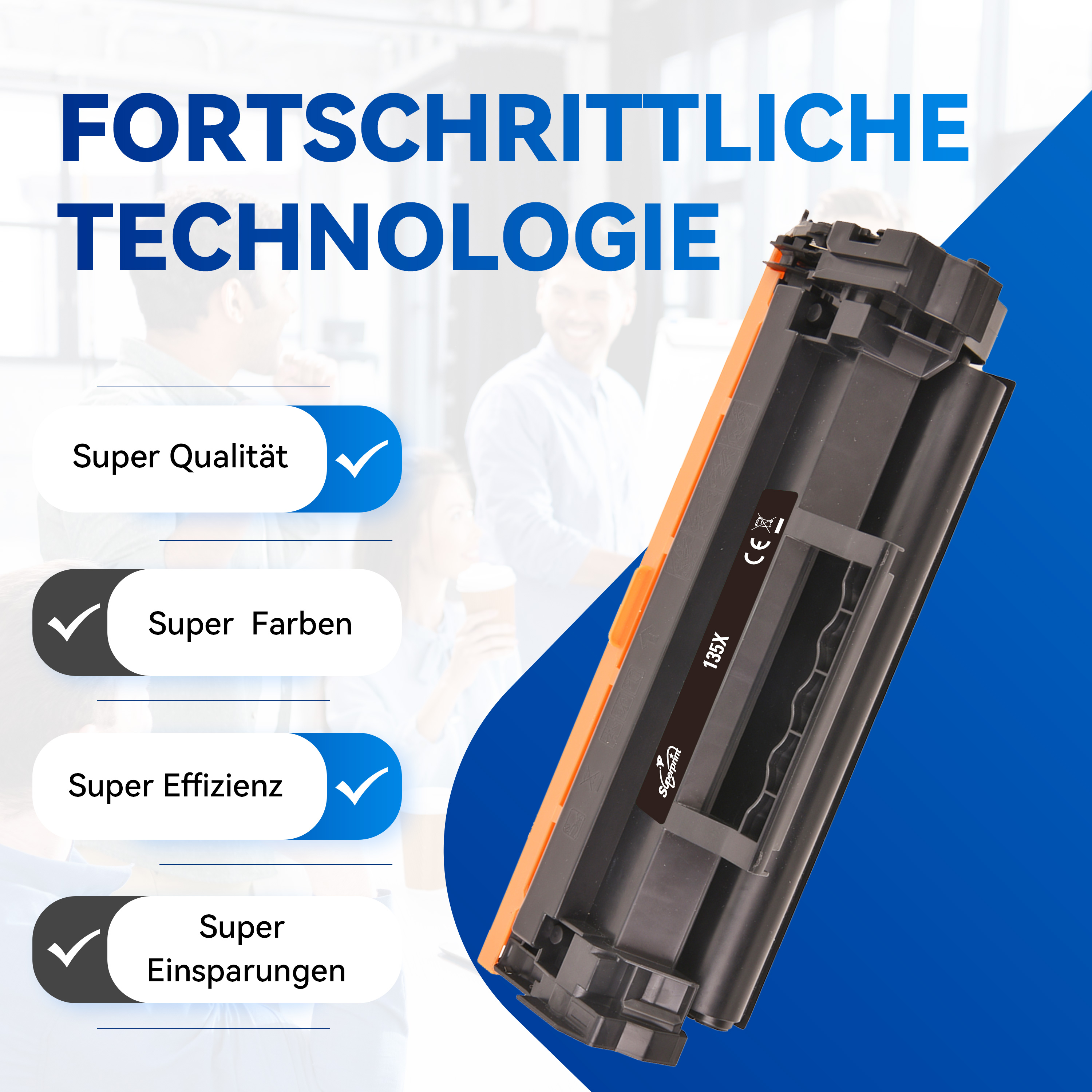 Cartridge met een blauwe achtergrond. Vinkjes tonen superkwaliteit, kleuren, efficiëntie en besparingen.