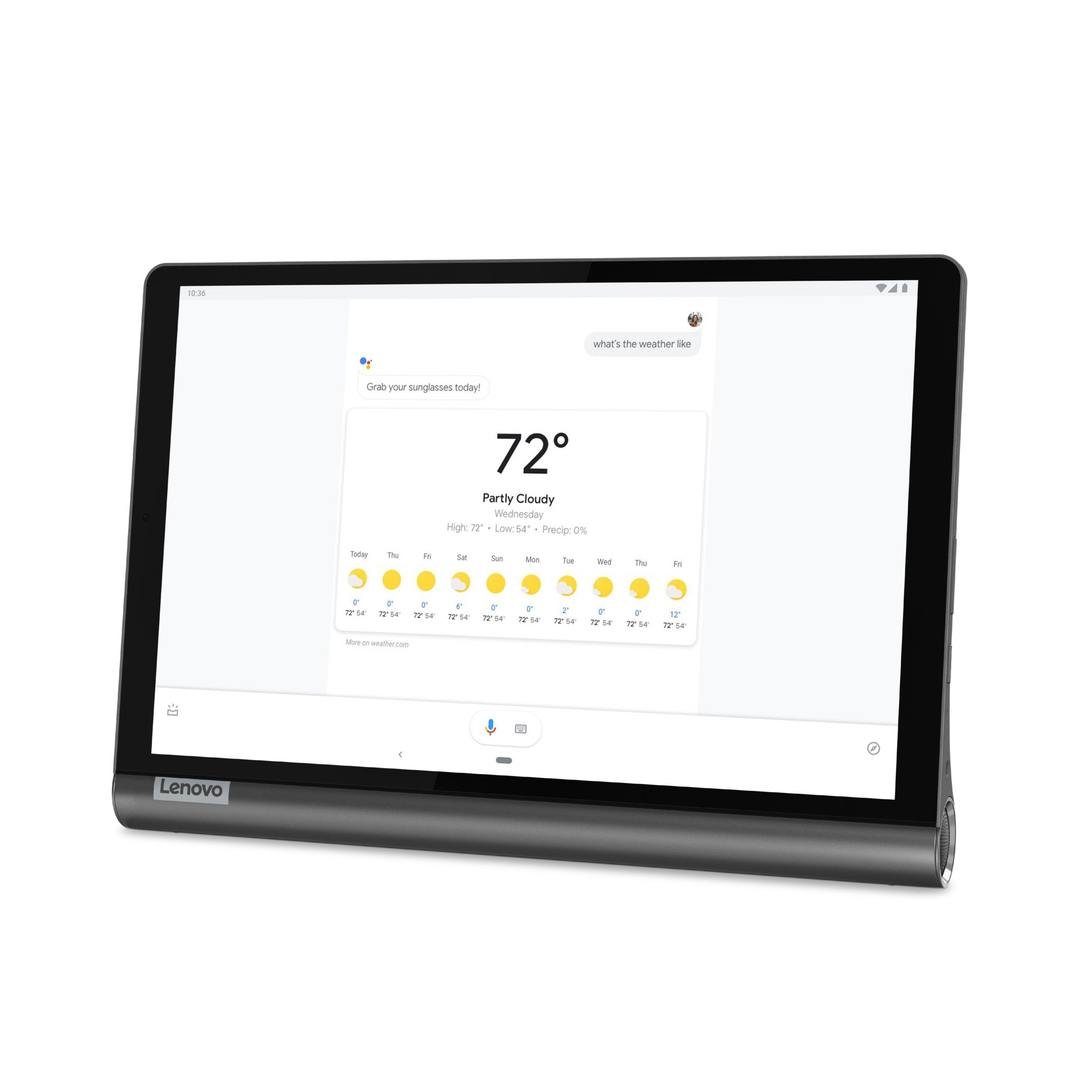 Lenovo-Tablet, das eine Wetter-App anzeigt. Zeigt Temperatur und Wettervorhersage.