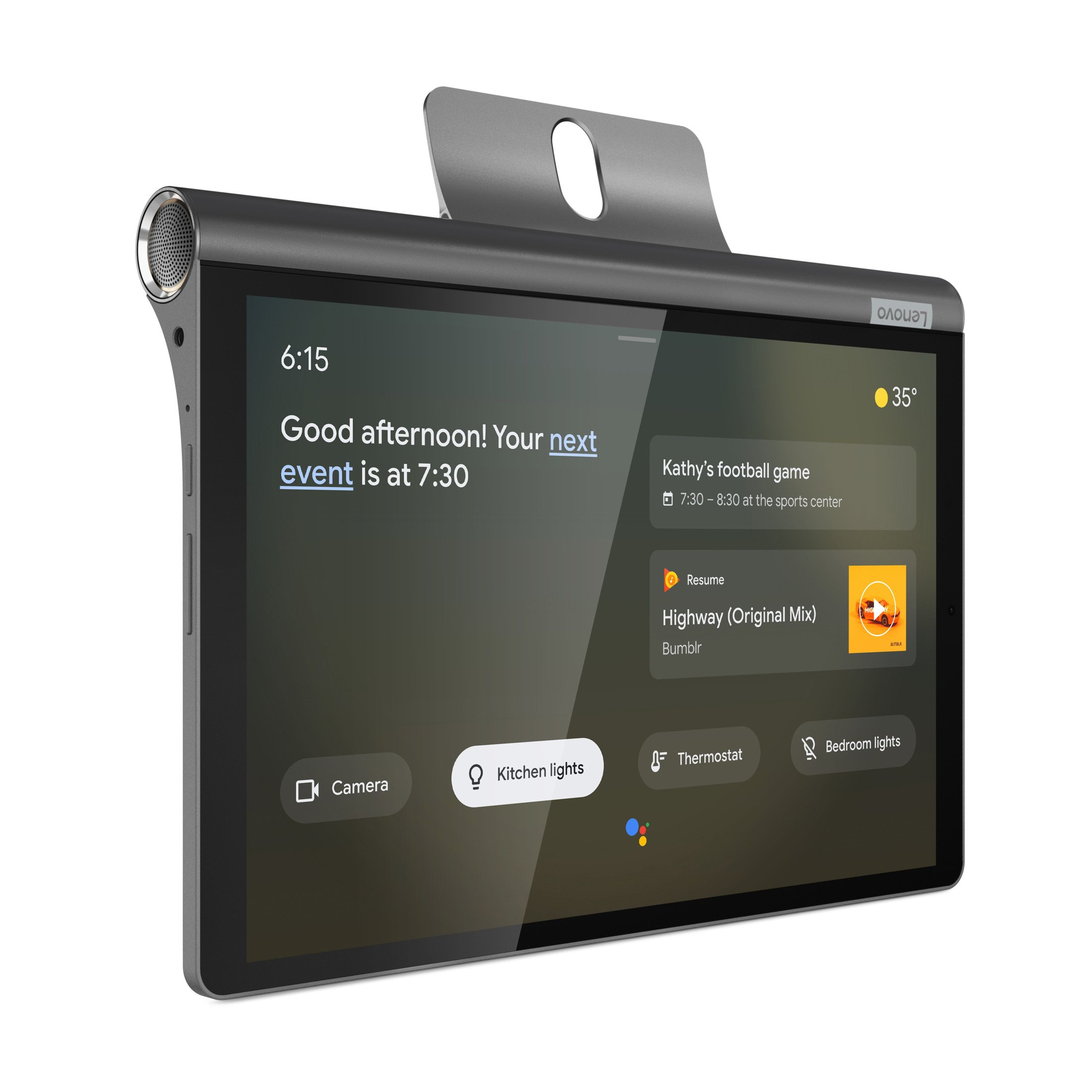 Ein schwarzes Smart-Home-Display auf einem Ständer, das einen Bildschirm mit Informationen und Bedienelementen zeigt.