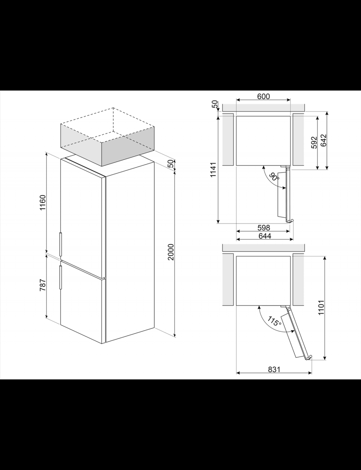 Rysunek techniczny lodówki, pokazujący wymiary i kąty do instalacji.