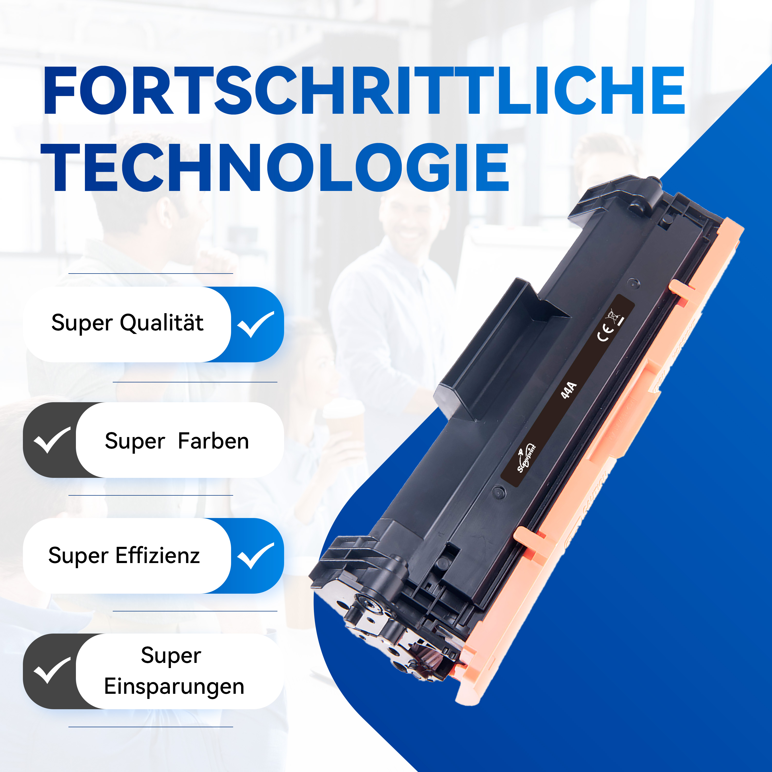 Een printercartridge met labels, tekst en vinkjes. Achtergrond toont mensen in een kantooromgeving.