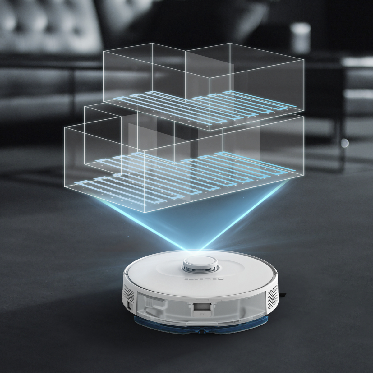 Biały odkurzacz robot z niebieskimi strefami czyszczenia, ciemną podłogą i rozmytym tłem.