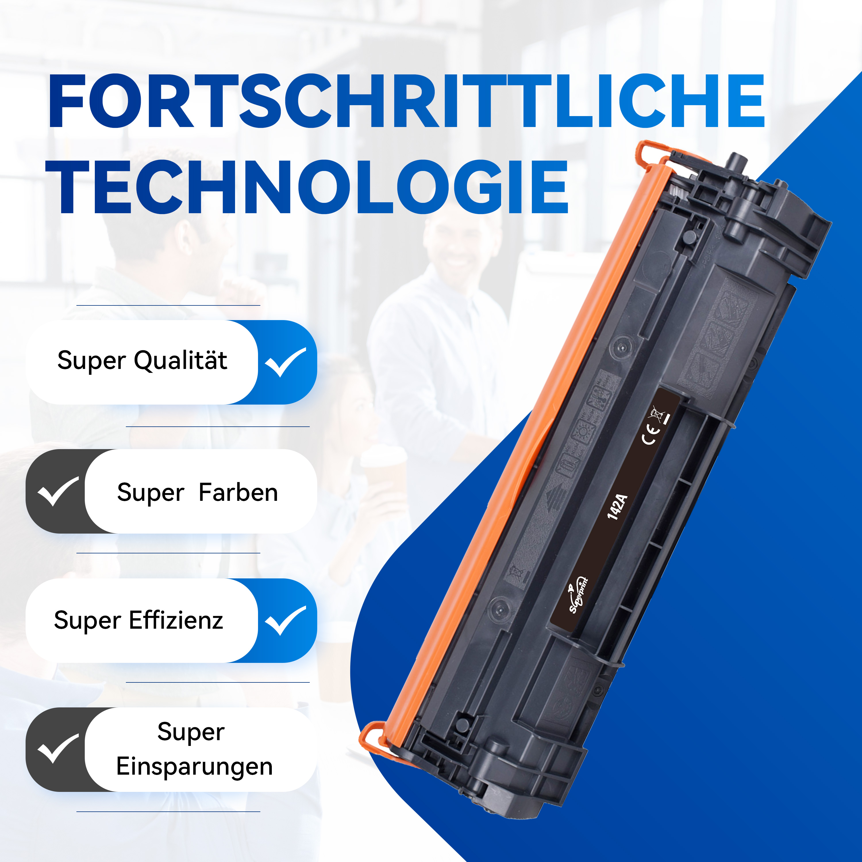Oranje en zwarte tonercartridge met teksten: Super Kwaliteit, Super Kleuren, Super Efficiëntie, Super Besparingen.