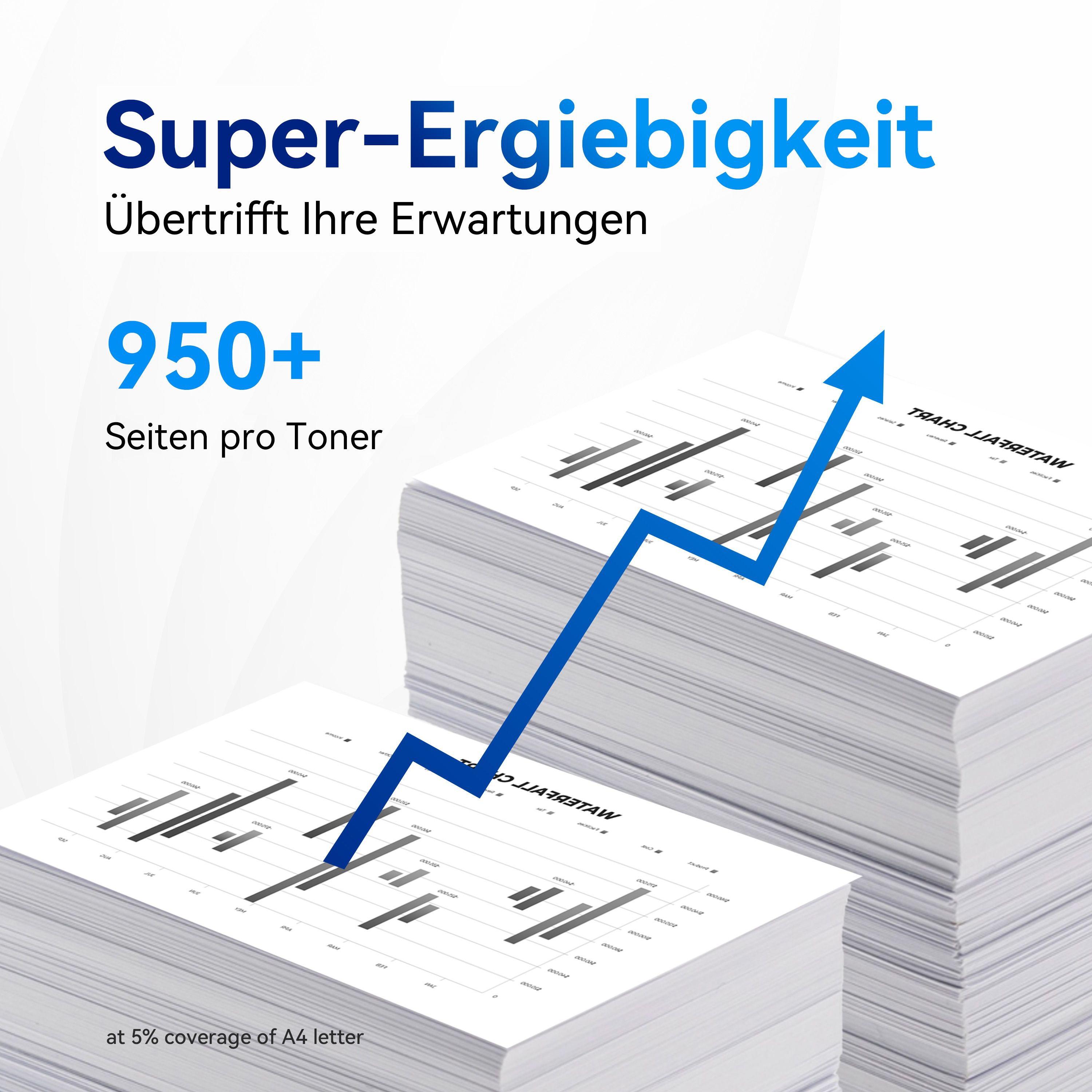 Stapels papier met grafieken en een blauwe pijl omhoog, tekst over tonercapaciteit.