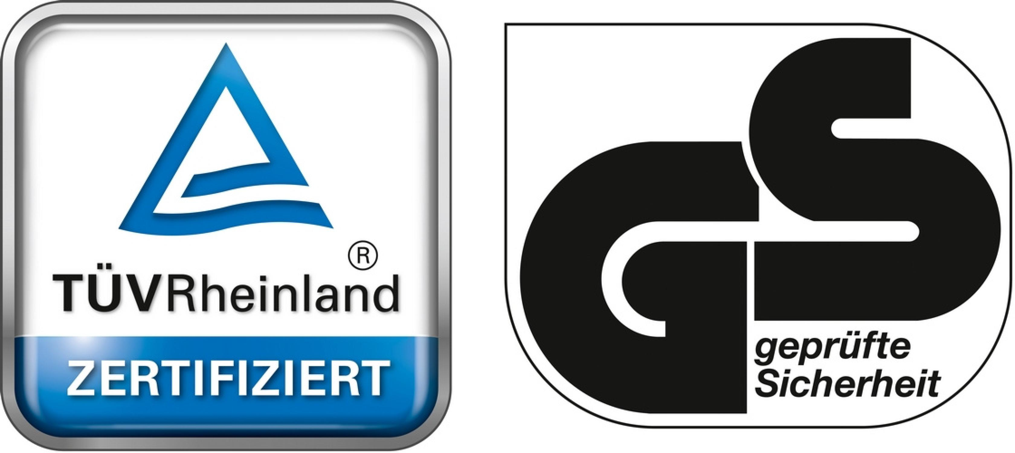Das Bild zeigt zwei Logos. Links: TÜV Rheinland Logo mit blauem Dreieck. Rechts: GS Logo mit 'geprüfte Sicherheit'.