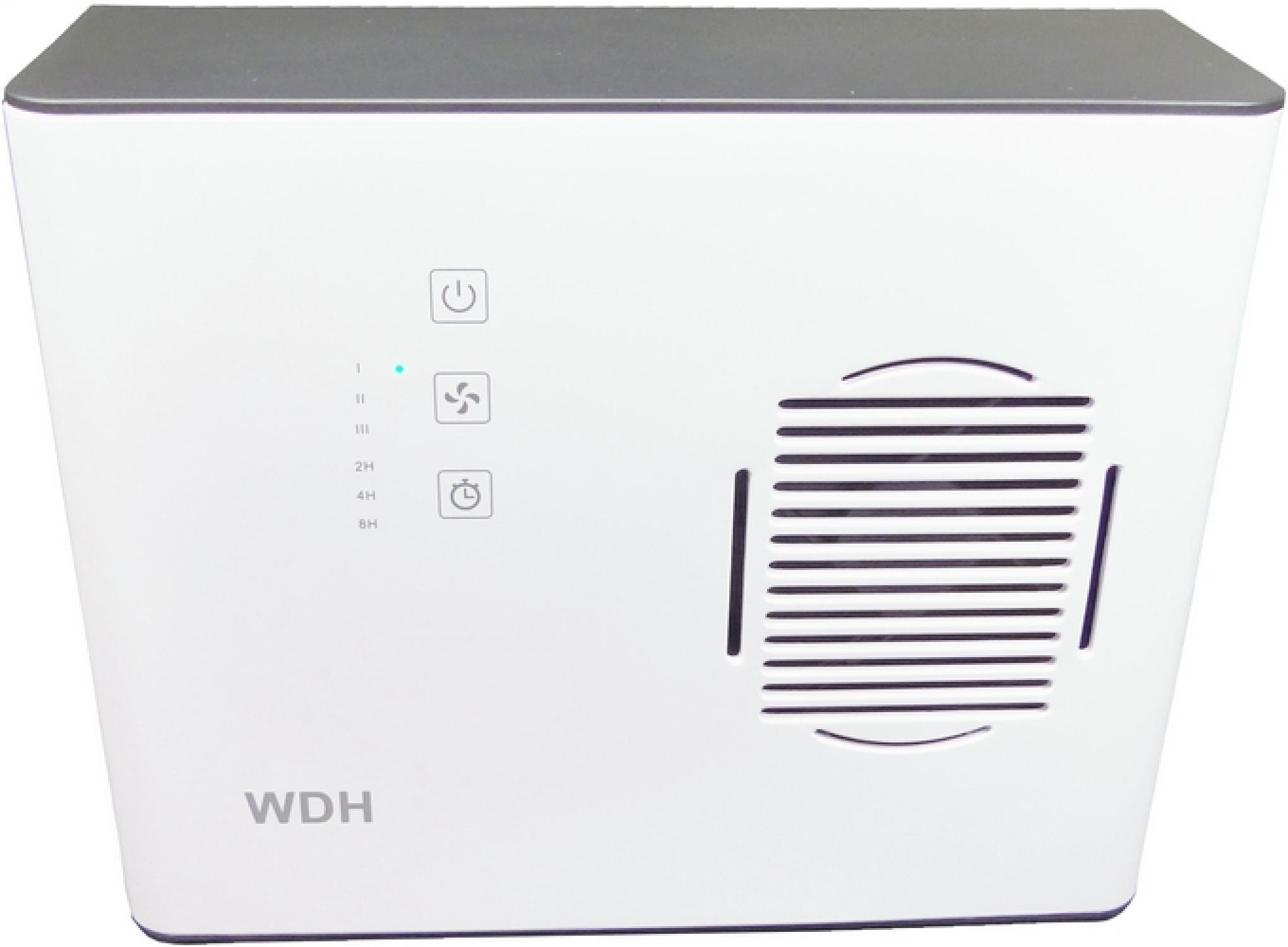 Weißer Luftreiniger mit Bedienfeld und Grill. Symbole für Strom, Lüfter und Timer sowie die Marke 'WDH' sind sichtbar.