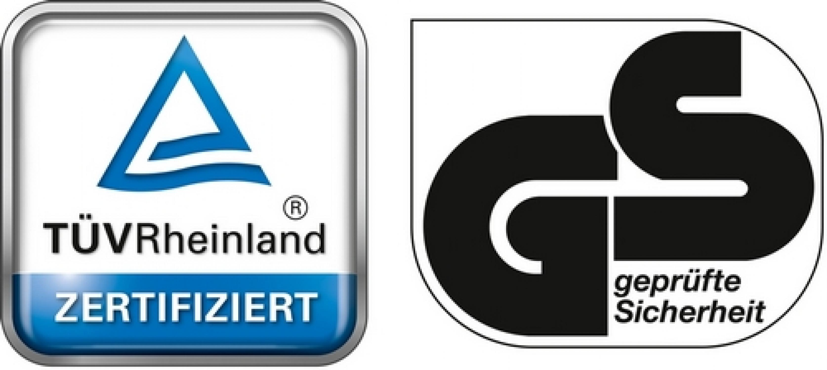 Zwei Logos: eines mit blauem Dreieck und Text, das andere mit schwarzem GS-Symbol und Text. Beide sind Zertifizierungszeichen.