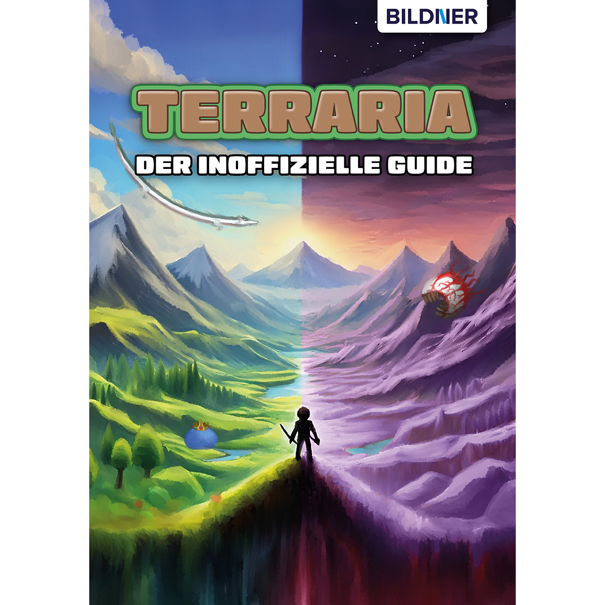 Cover eines Terraria-Leitfadens, aufgeteilt in grüne und violette Landschaften. Eine Figur steht auf einem Hügel.