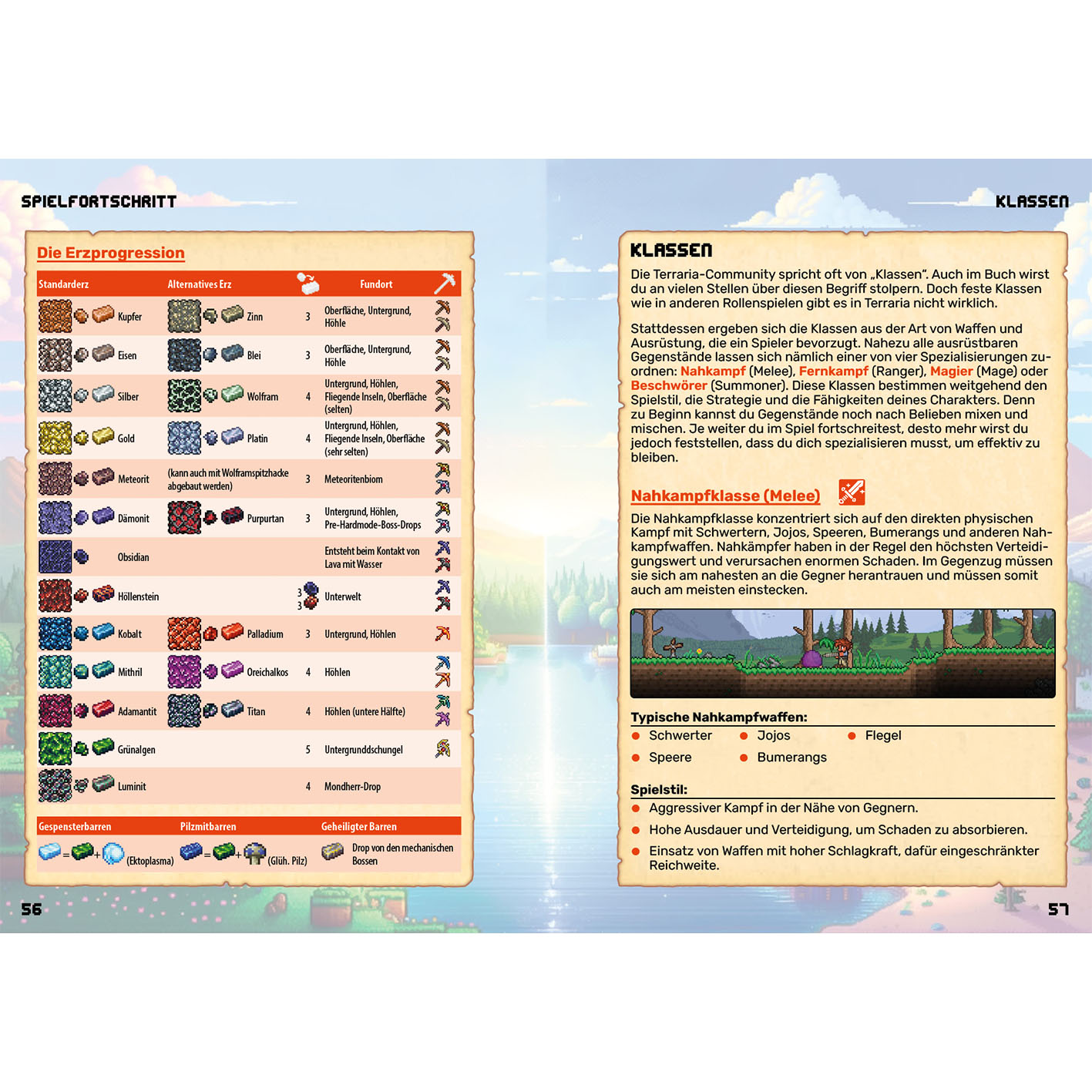 Zwei Seiten aus einem Spielhandbuch mit Text und Bildern. Weißer Hintergrund.