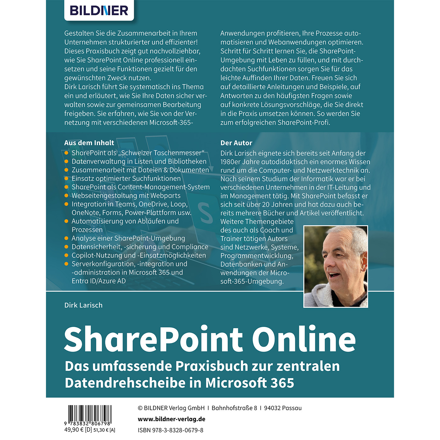 Buchcover mit Text über SharePoint Online und Foto eines Mannes. Weißer und blauer Hintergrund.