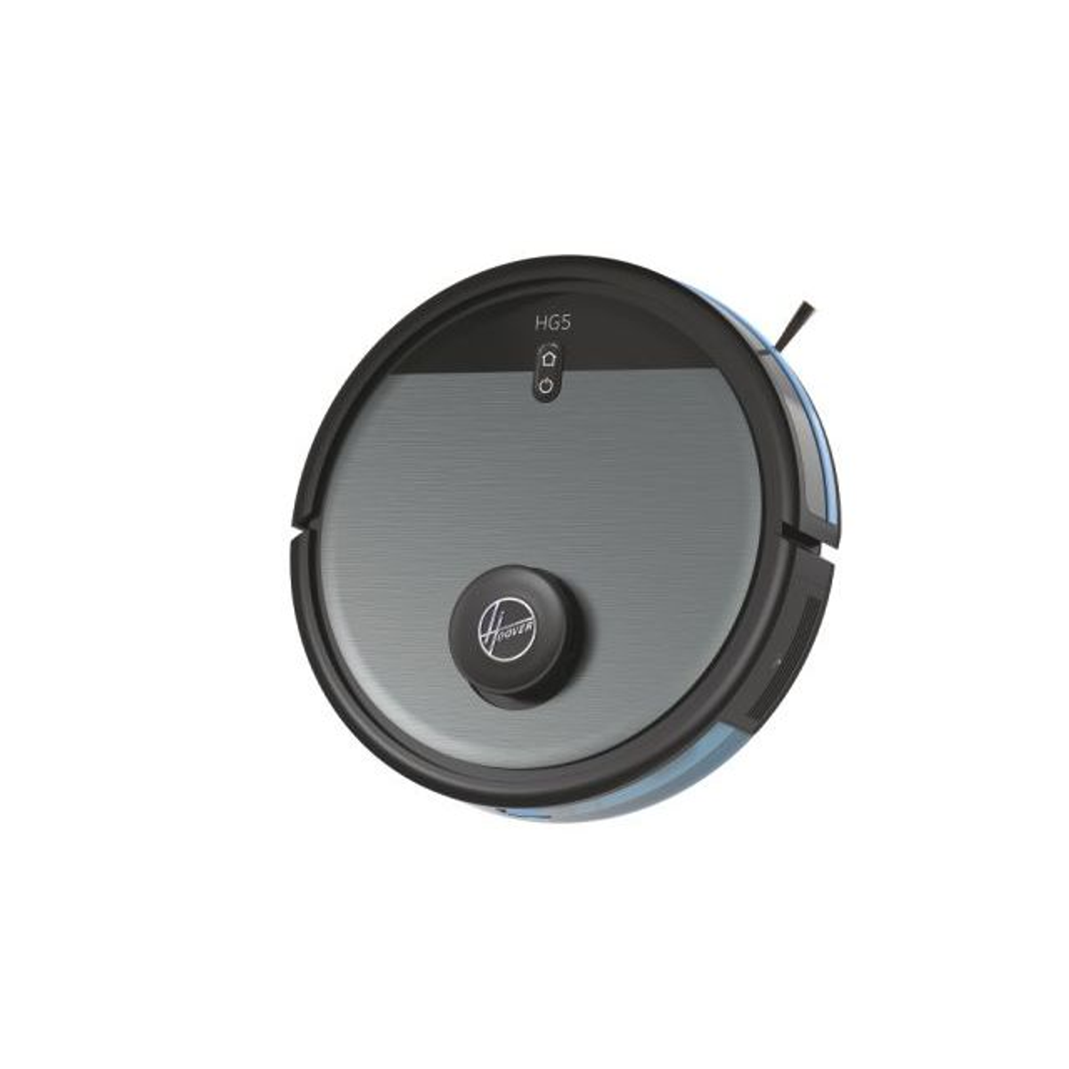 Robot odkurzający Hoover, okrągły design, szary wierzch, czarne krawędzie.