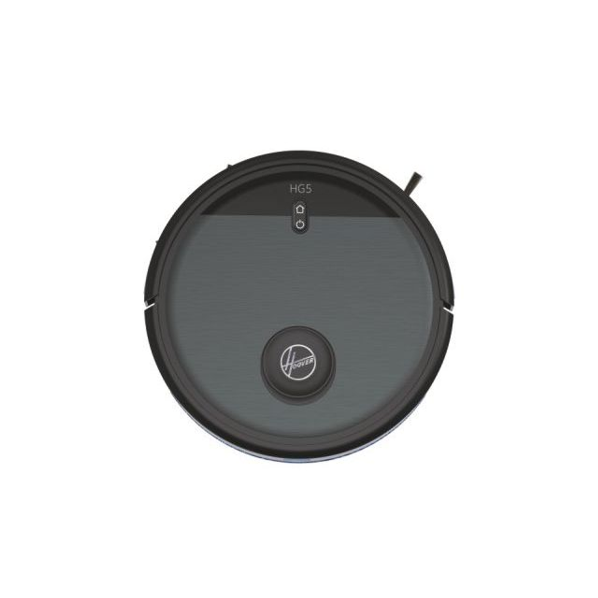 Odkurzacz robot Hoover HG5, widok z góry. Okrągłe, ciemnoszare urządzenie z kontrolkami i logo.