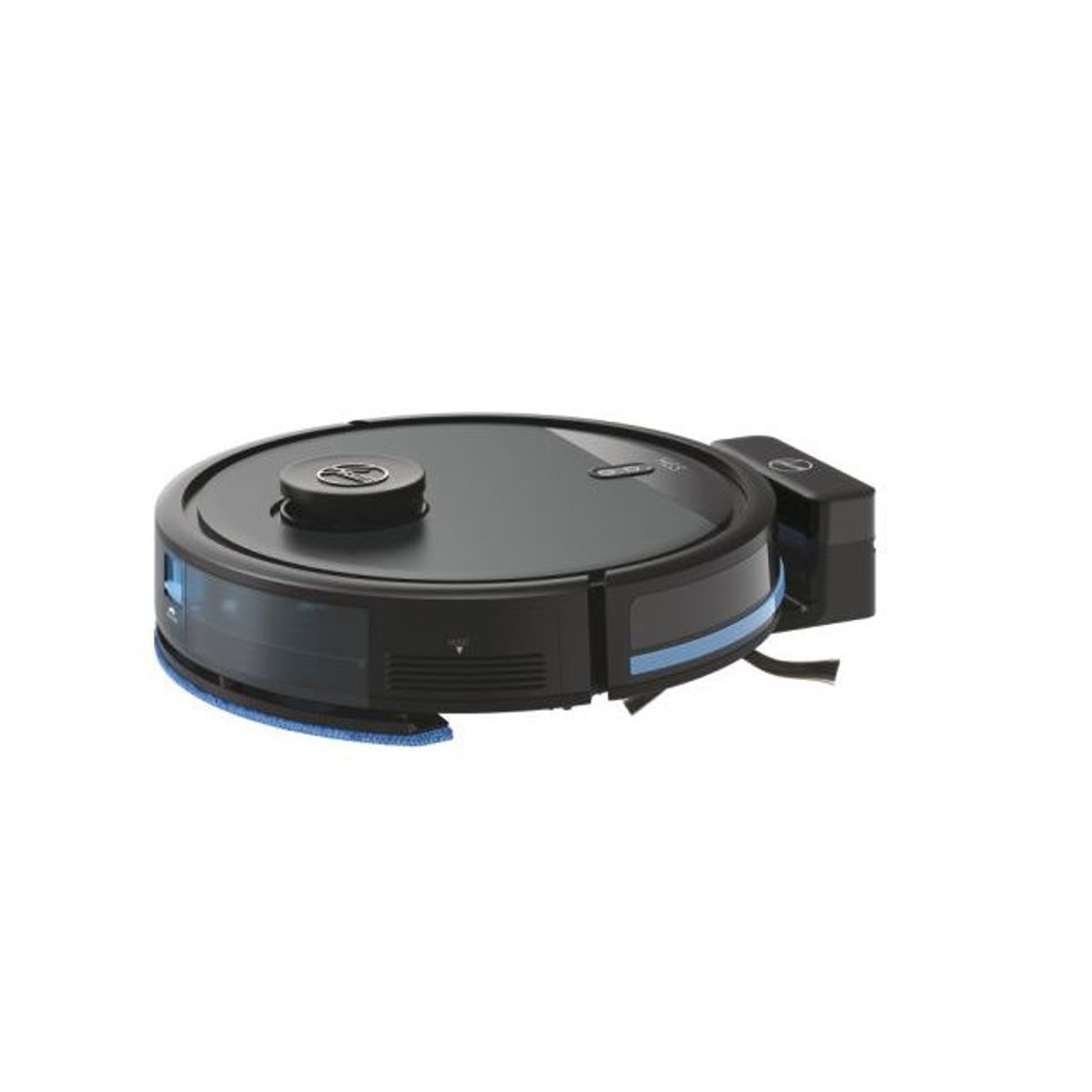 Czarny odkurzacz robot z stacją ładującą na białym tle.