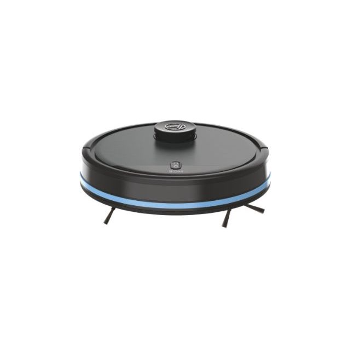 Czarny odkurzacz robot. Jest okrągły z niebieskimi akcentami. Na dole znajdują się szczotki.
