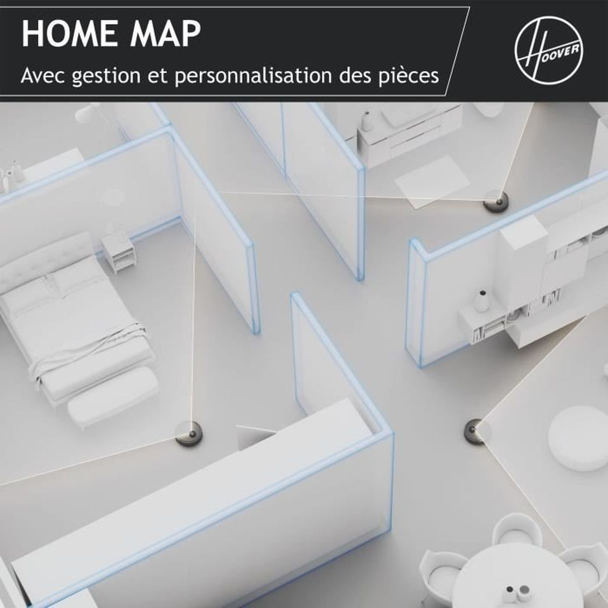 Rzut z góry z obrysami ścian i mebli, tekst: HOME MAP.