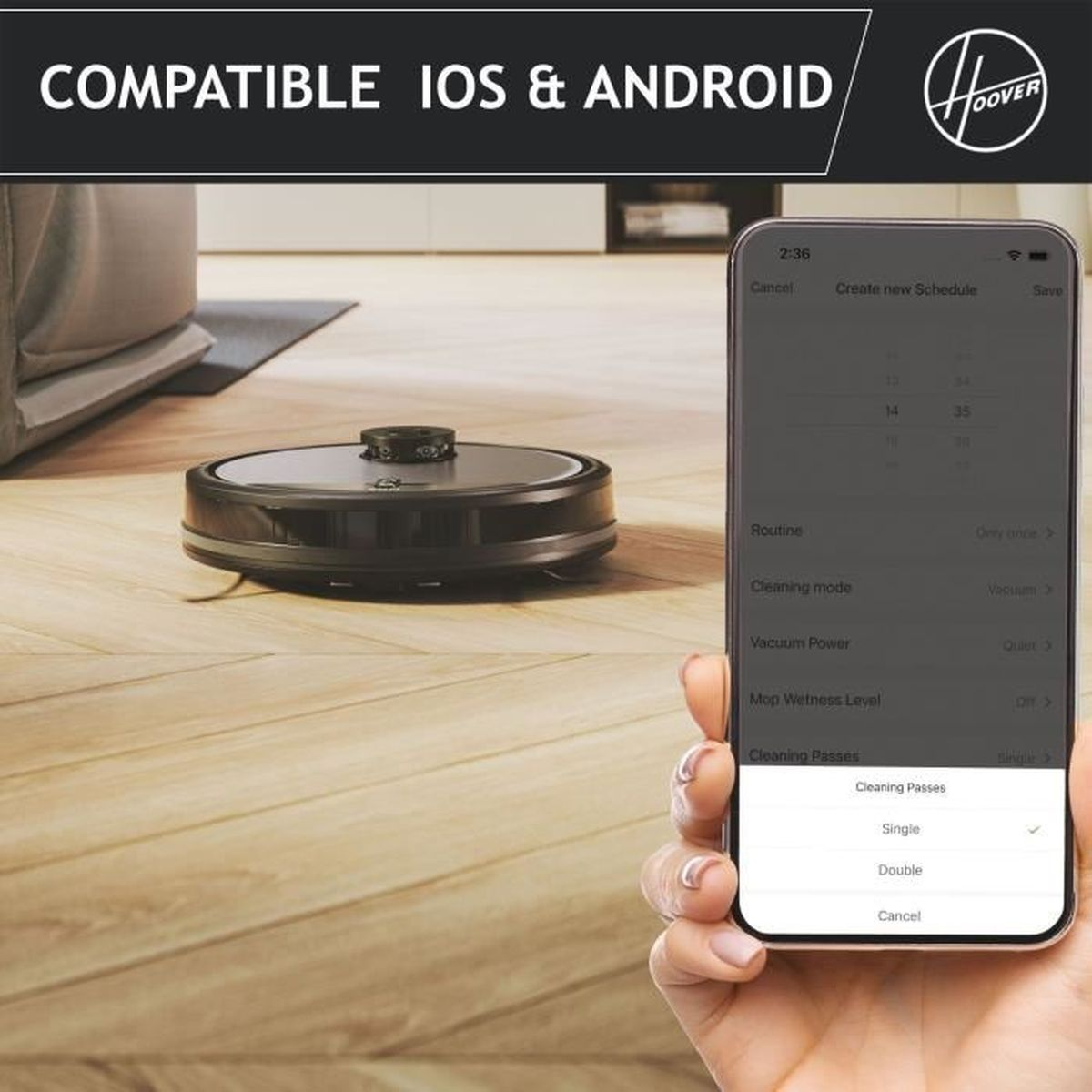 Robot sprzątający i telefon z ustawieniami aplikacji.