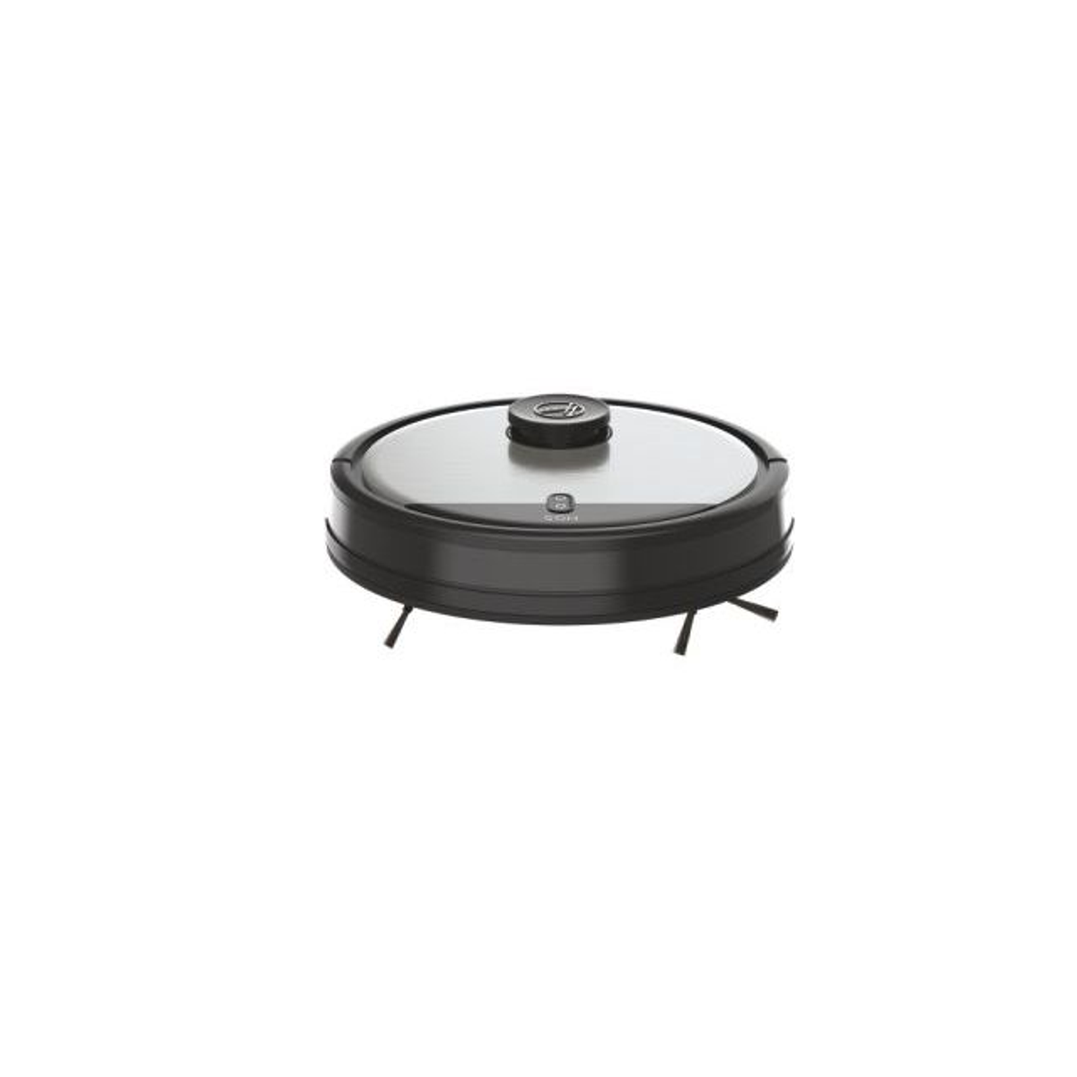 Czarny i srebrny odkurzacz robot na białym tle. Odkurzacz jest okrągły.