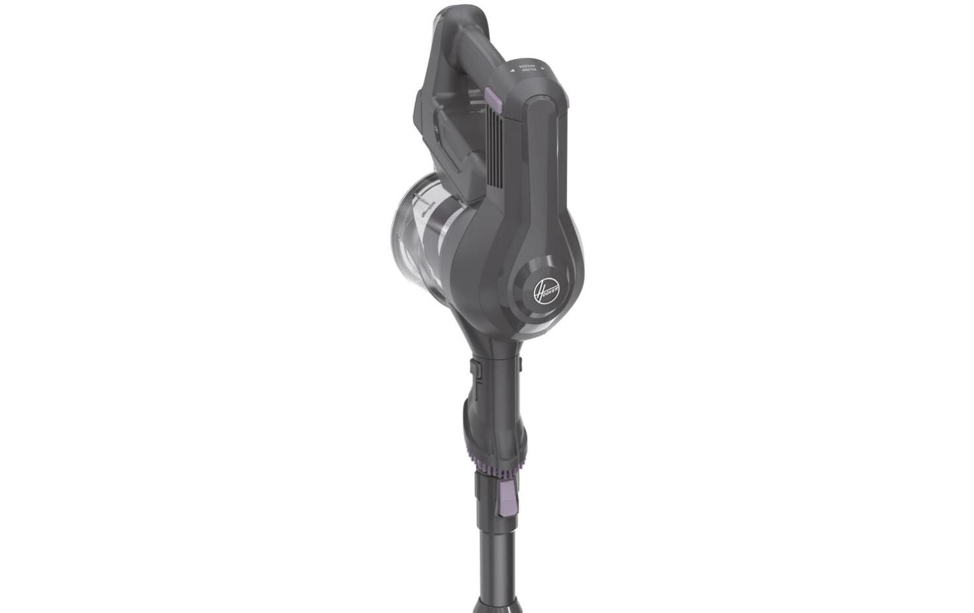 Un aspirapolvere Hoover grigio scuro con manico e corpo cilindrico.