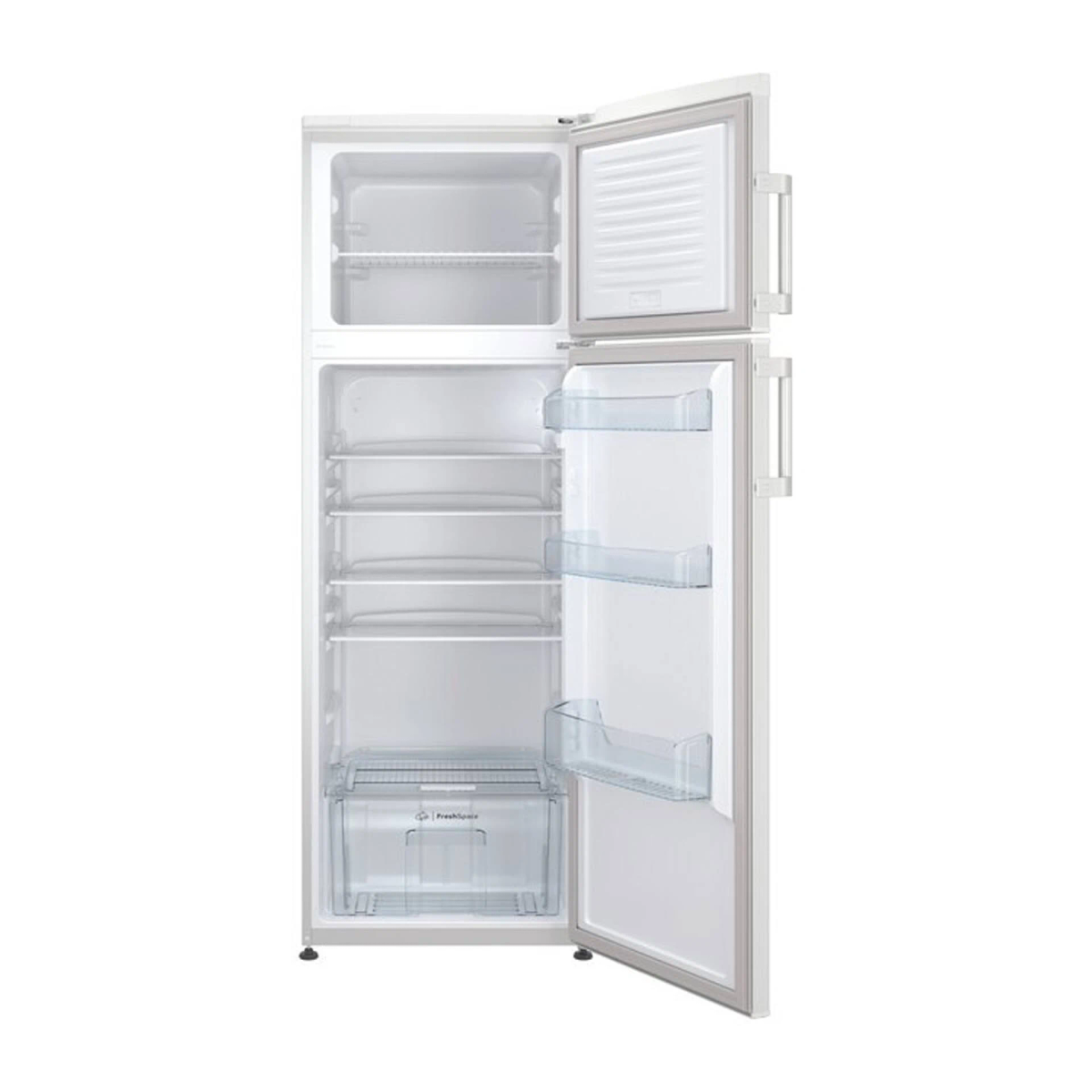 Refrigerador blanco con puerta abierta, estantes visibles.