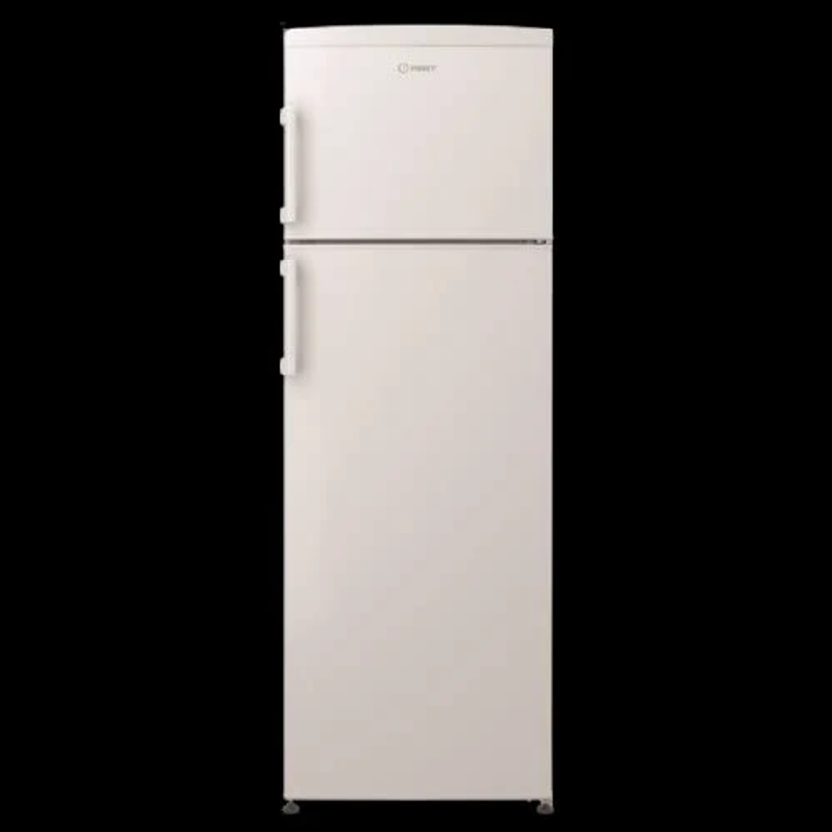 Un refrigerador blanco con dos puertas, arriba y abajo. El fondo es negro.